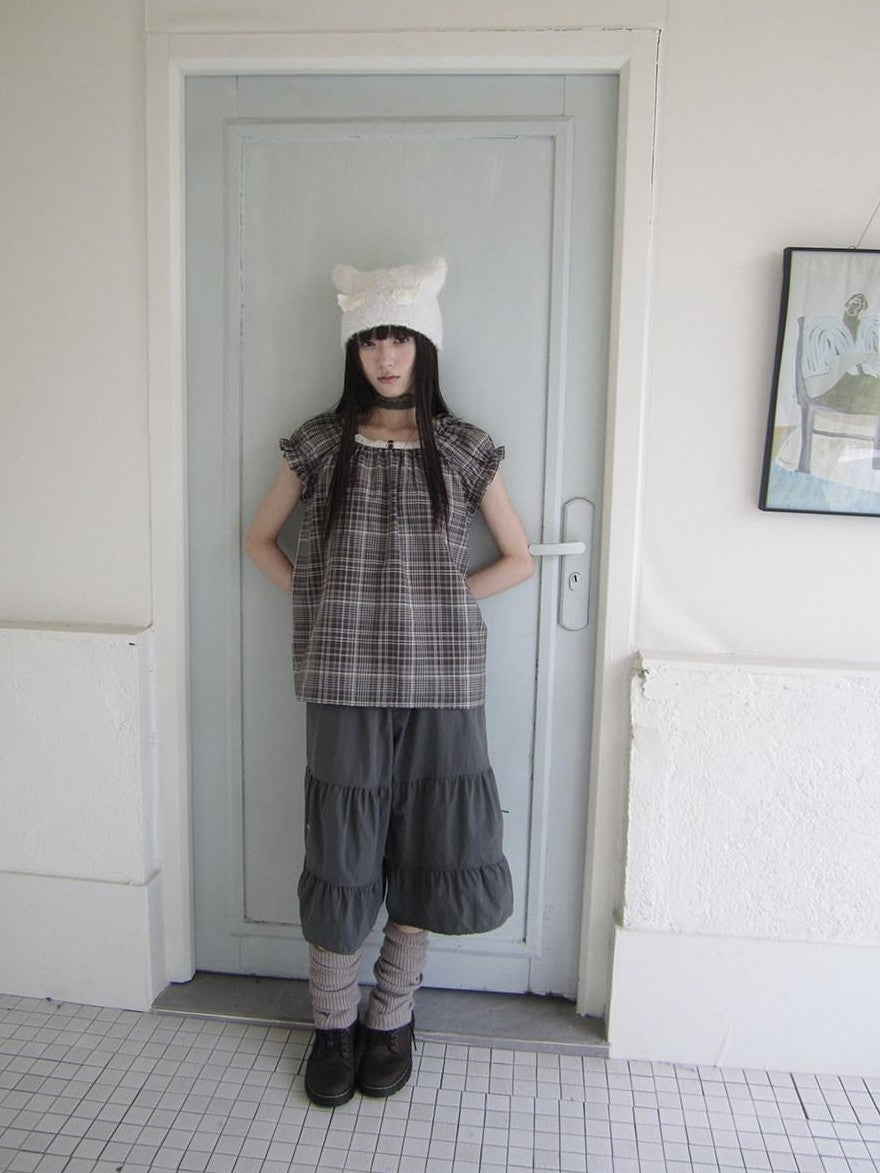 ang project Brown Plaid Patchwork Lace Trim Puff Sleeve Women&