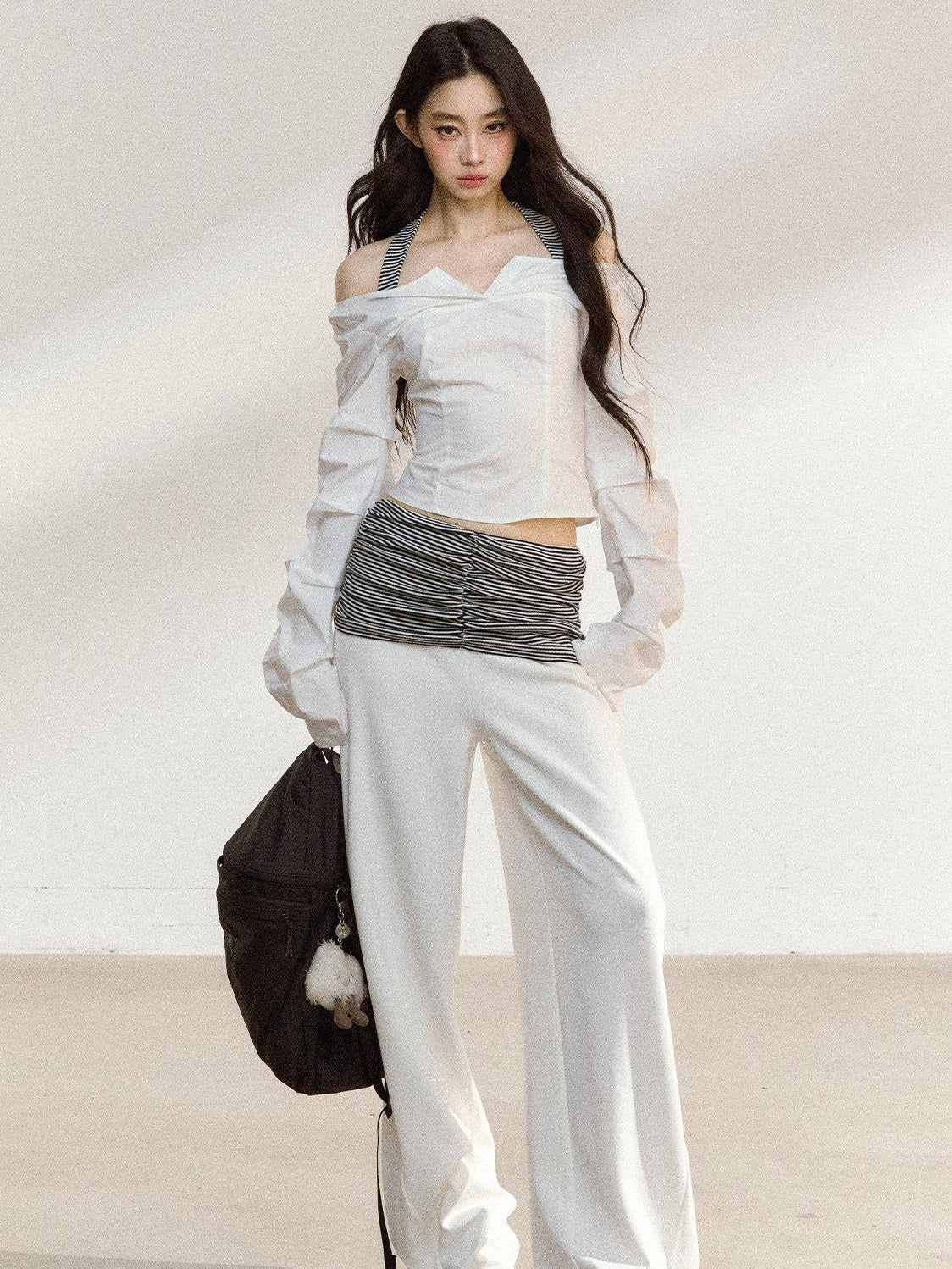 7Shiftin Recycled Fiber Stripe Patchwork Natural Waist Loose Women Wide Leg Pants