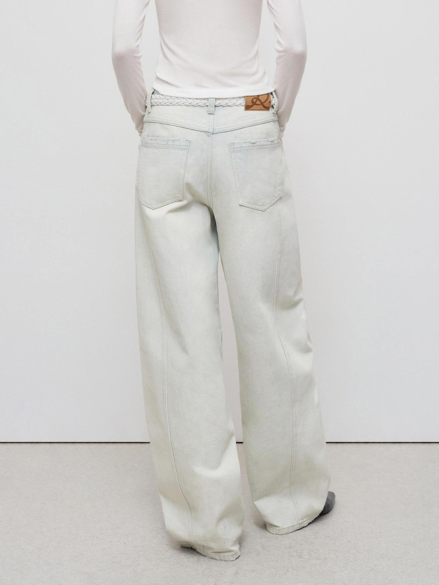 RUN TO THE FUTURE Vintage Light Blue Floral Cotton Loose Casual Womens Zipper Fly Wide-Leg Jeans