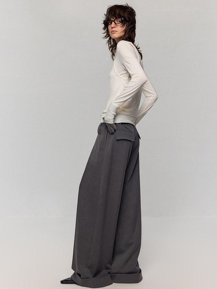 RUN TO THE FUTURE Minimalist Original Tie Detail Low Rise Zipper Women Rock Gray Wide-Leg Pants