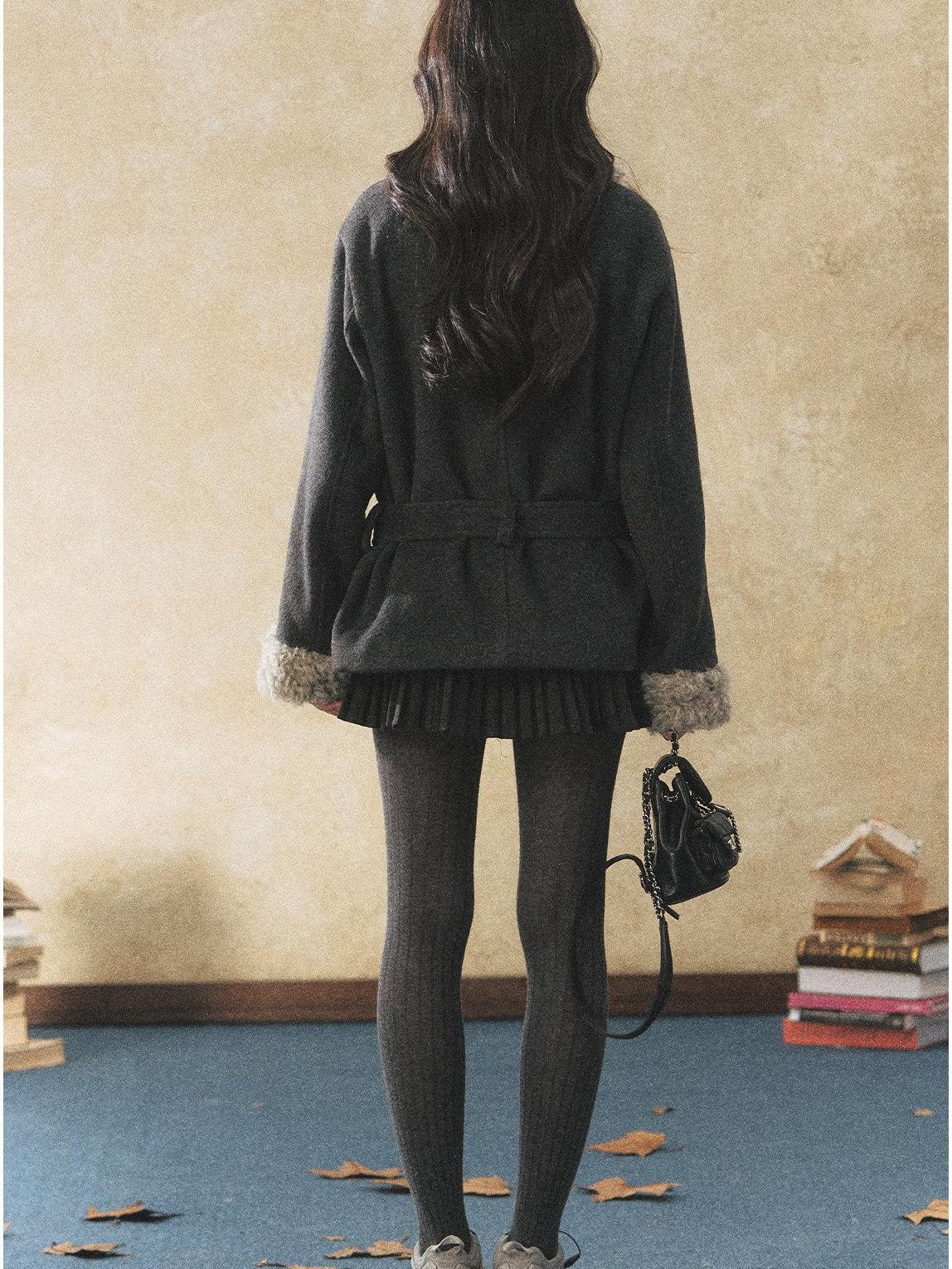 7Shiftin Warm Faux Fur Trim Casual Waist Double Breasted Women Deep Gray Short Coat