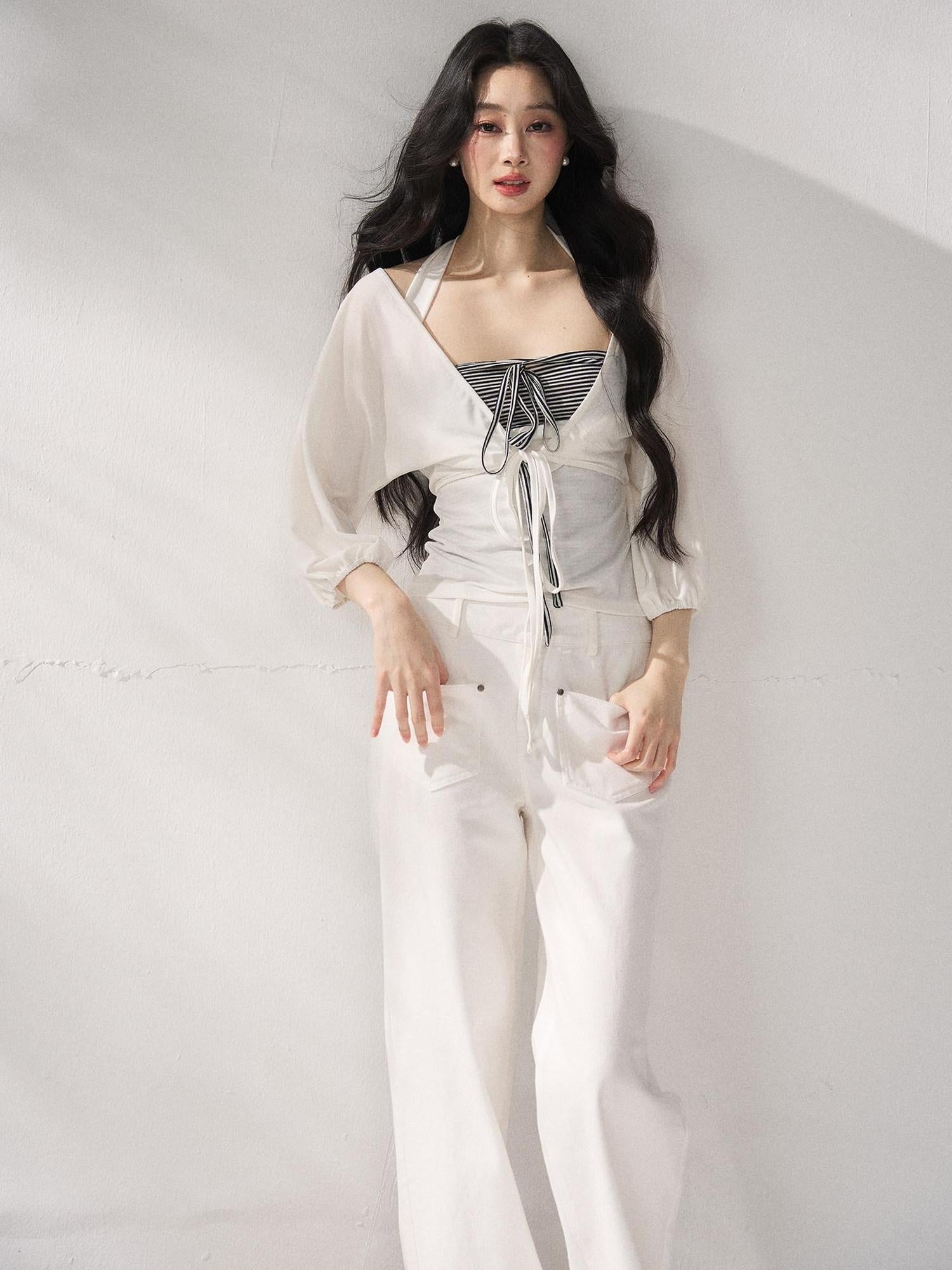 7Shiftin Striped Layered Two Piece Three Quarter Sleeve High Waist Long Sleeve Crop Tops