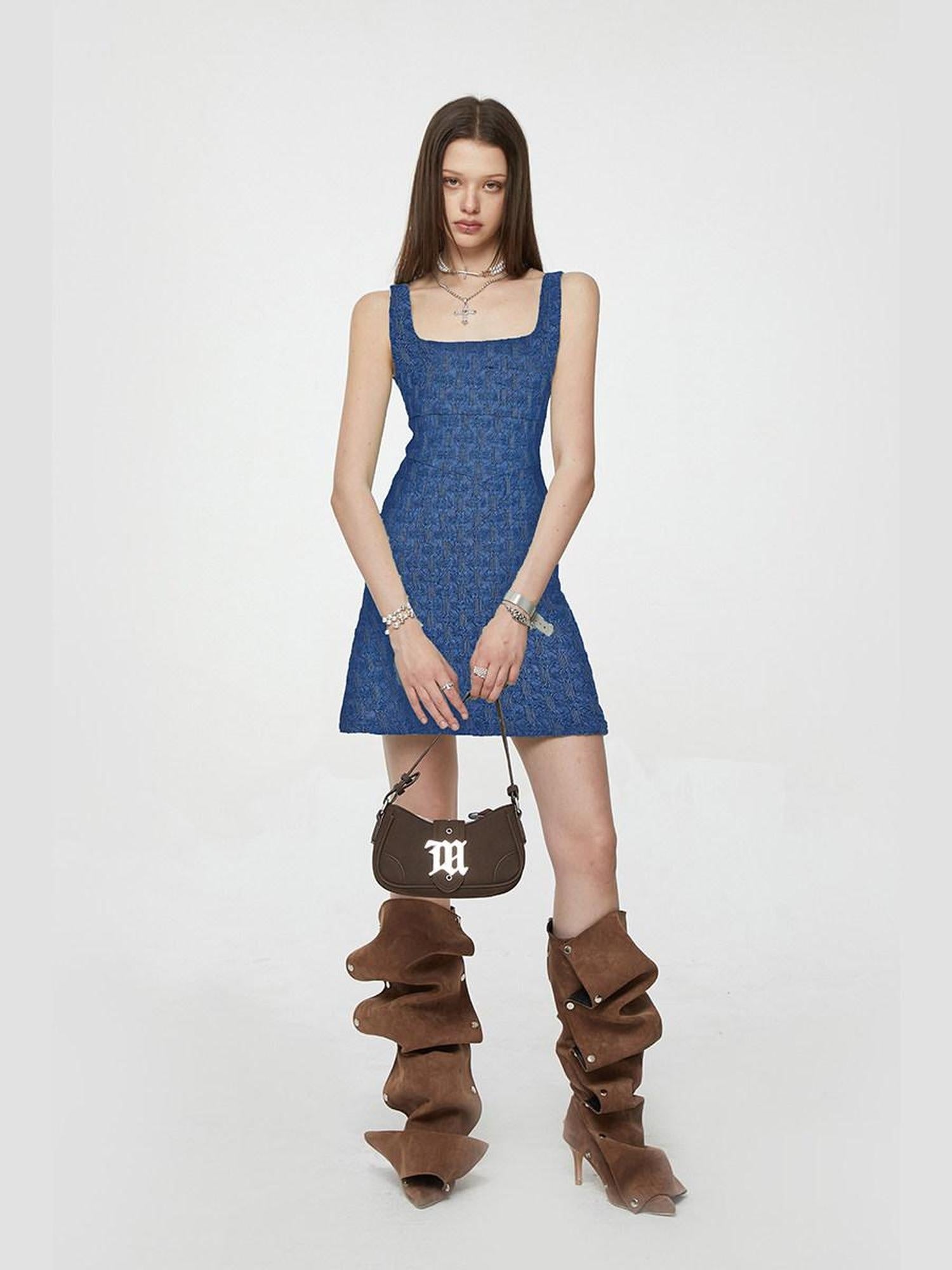 The NeverMore Embroidered High Waist Cotton A Line Square Neck Casual Women Blue Mini Dresses