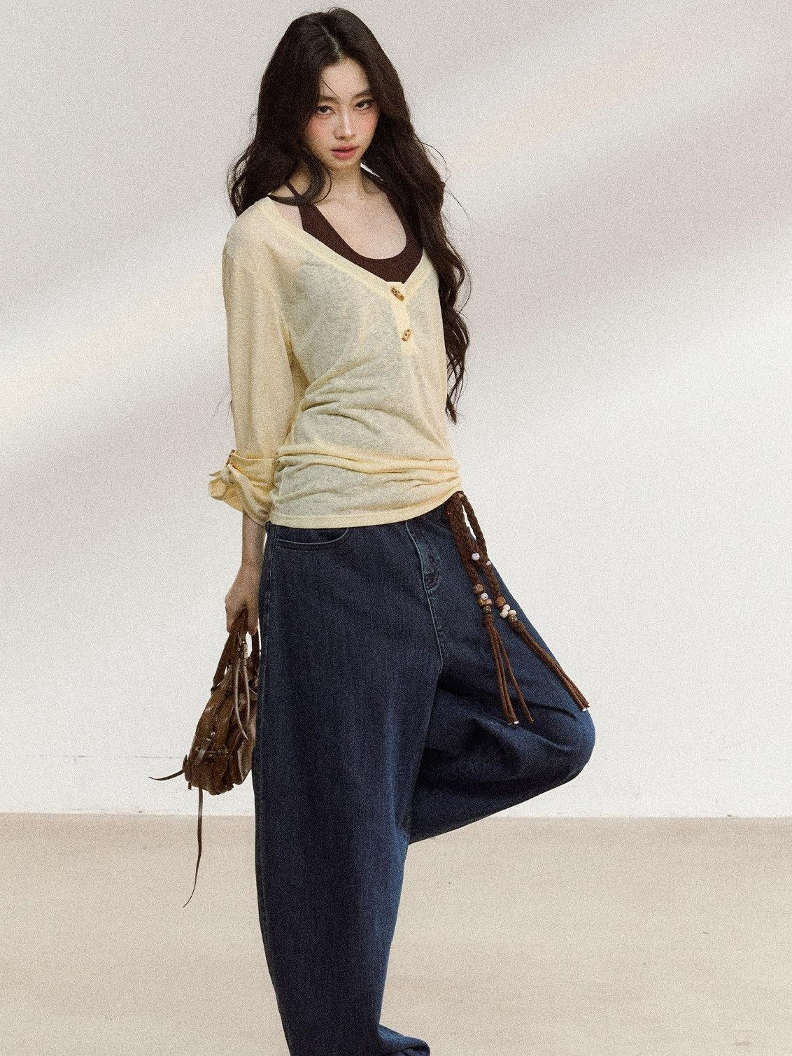 7Shiftin Layered Two Piece Casual Round Neck For Women Cami Coverup Long Sleeve T-Shirts