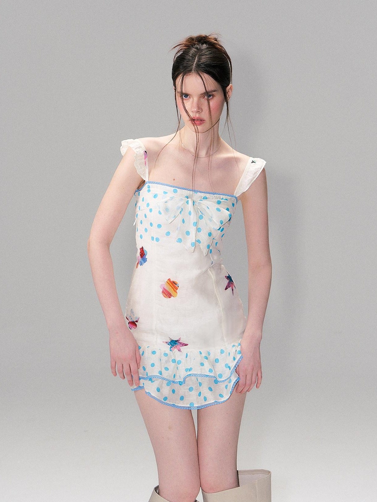 The NeverMore Linen Tie Waist Square Neck Aline Slim Ladies Printed Mini Dresses