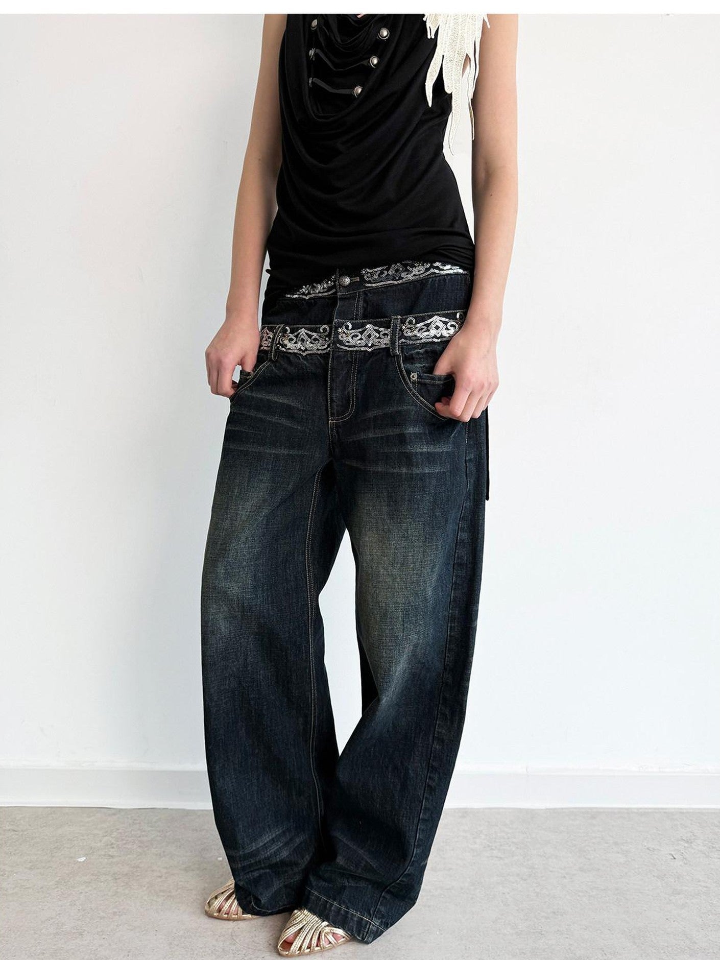 DoublePunch Sequin Embroidered Double Waistband Curved Cut Women&
