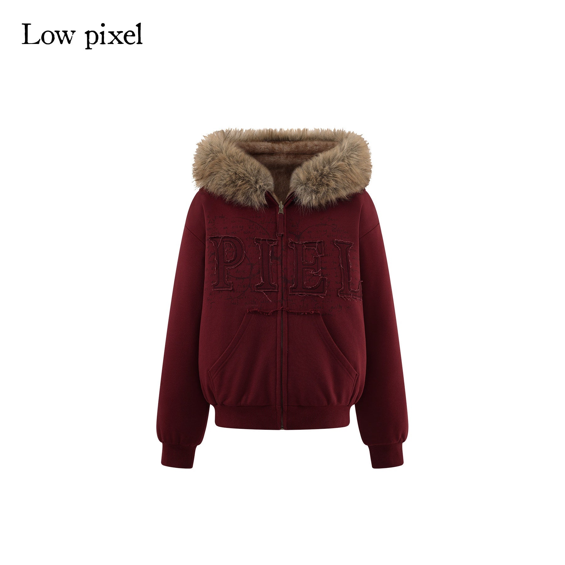 Low pixel Thick Warm 100 Percent Cotton Street Loose Fit Zip Up Women Red Oversized Hoodie