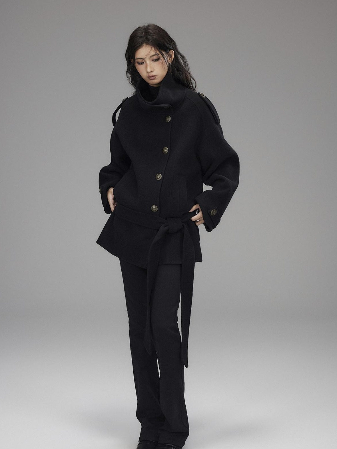 Low pixel Warm Oversized Street Midlength Notch Lapel Wool Cashmere Black Wool Coats