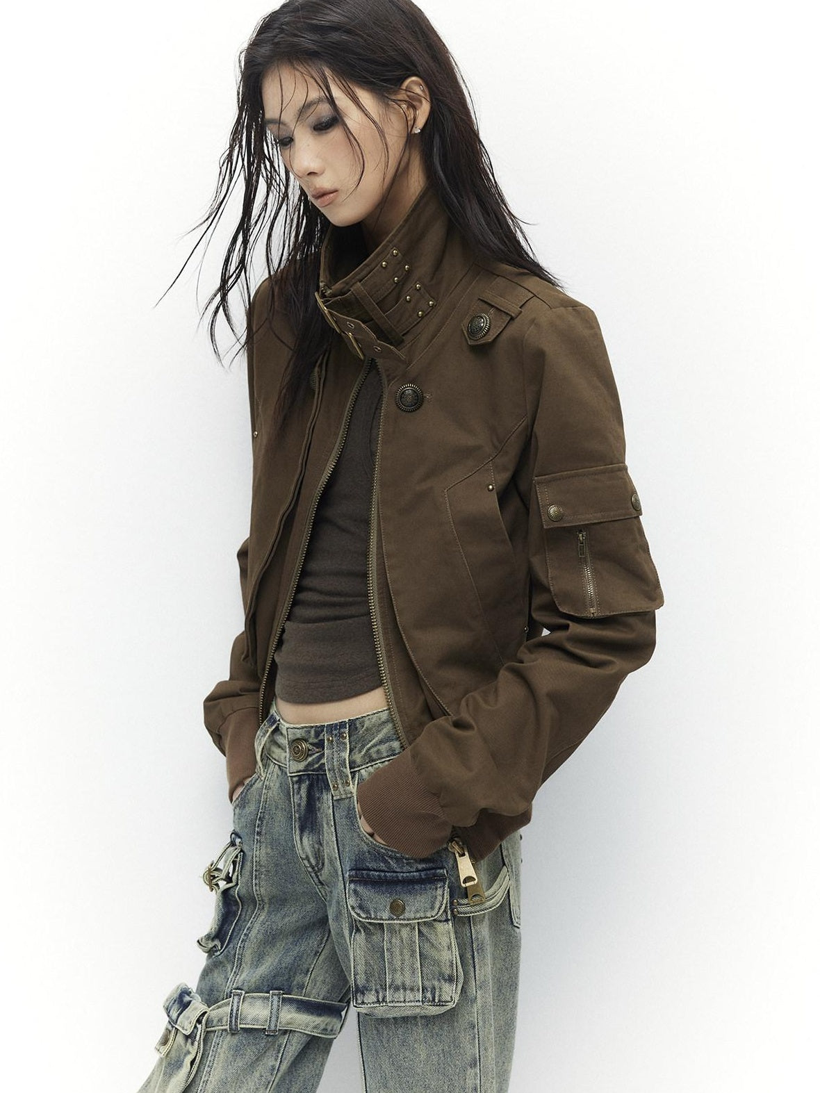 Low pixel Windproof Vintage Slim Metal Detail Women Cotton Lyocell Button Cropped Jackets