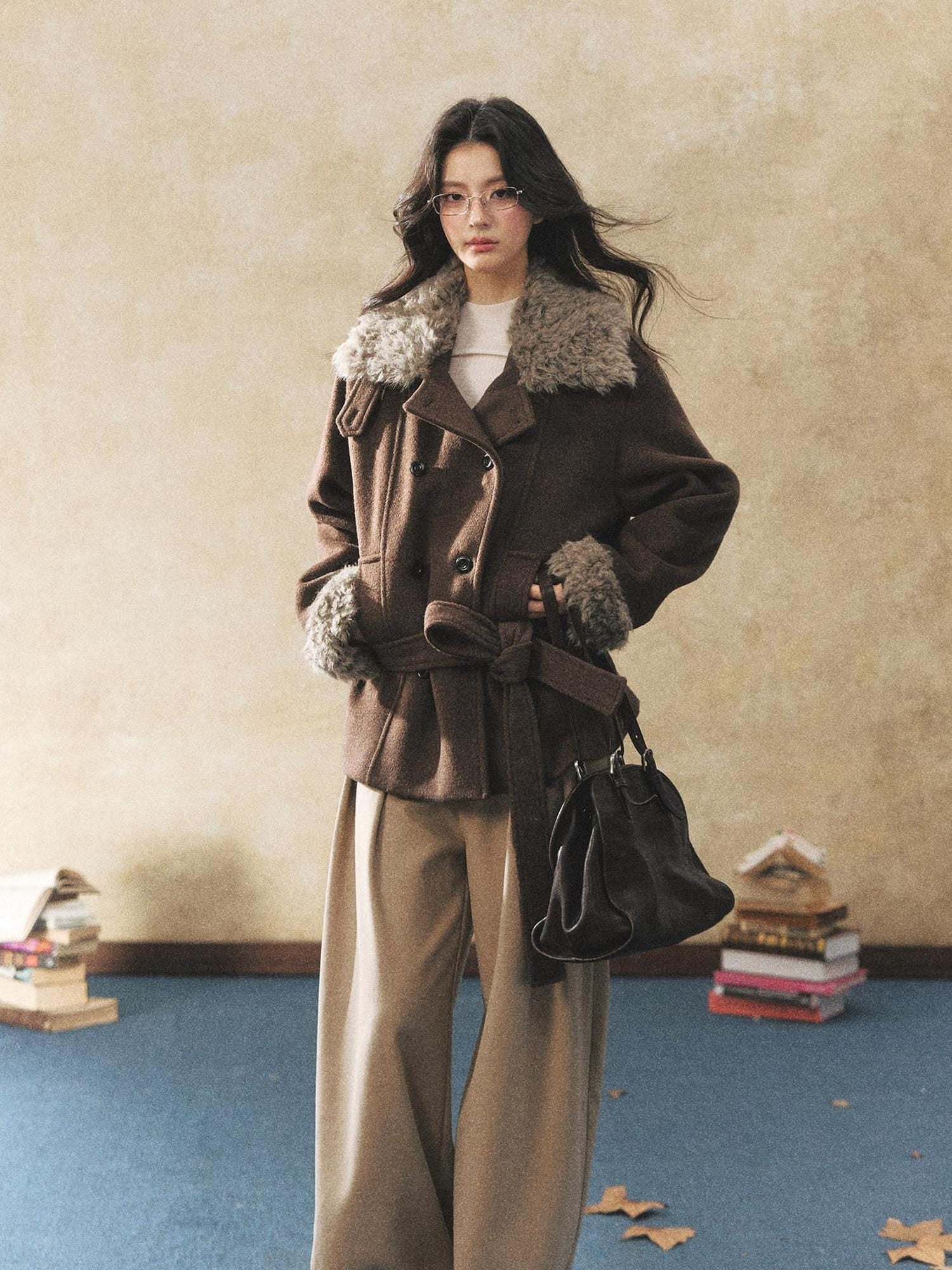 7Shiftin Warm Waist Cinched Casual Mid Length Fur Collar Double Breasted Brown Coats