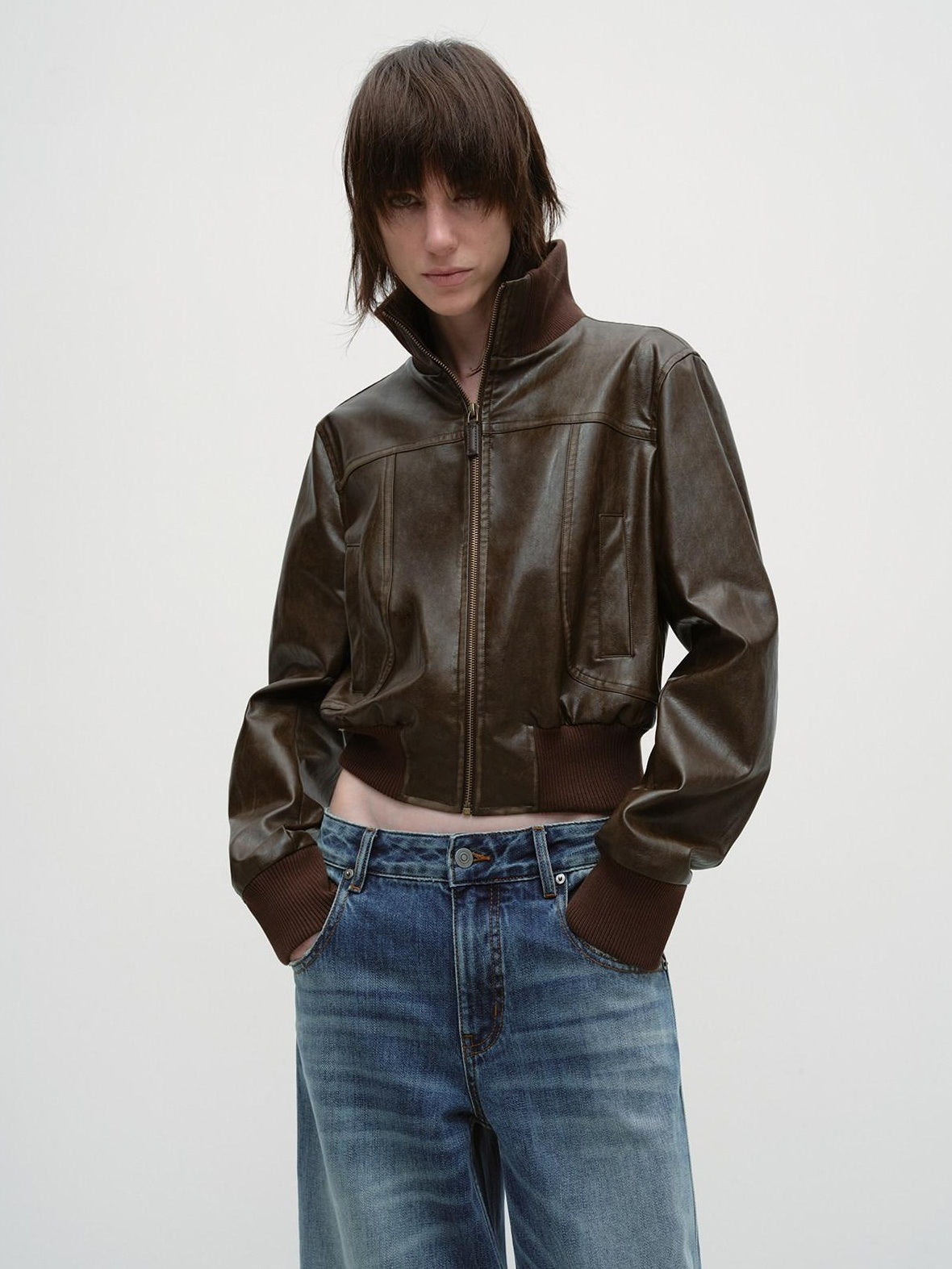 RUN TO THE FUTURE Brown Patchwork Stand Collar Zipper Short Straight Fit Commuter Youth Jackets