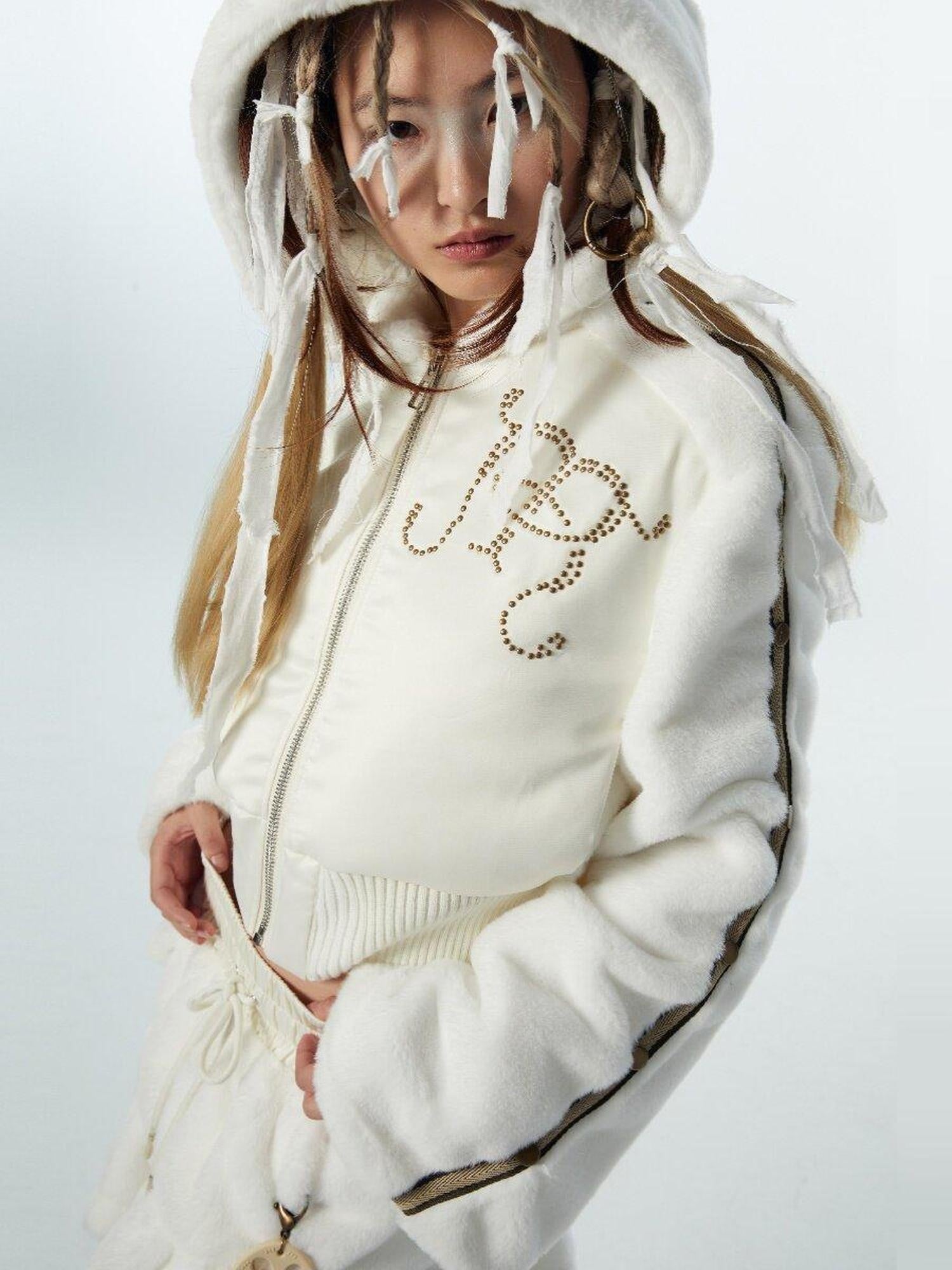 nit alcove Original Design Thick Faux Fleece Loose Cropped Bell Sleeve Unisex White Hoodie