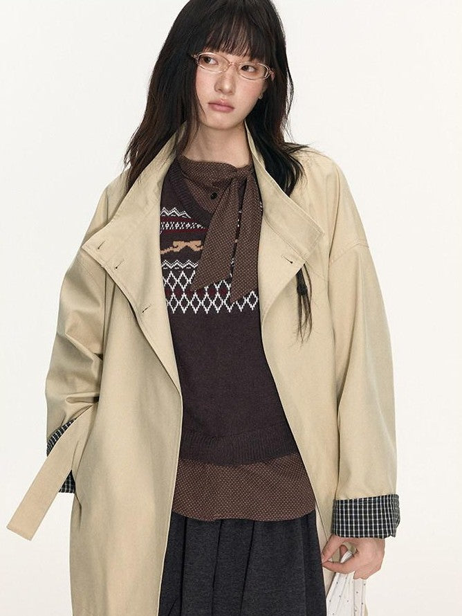 NAPSNAPS Bow Plaid Patchwork Tie Belt Stand Collar Midlength Women&