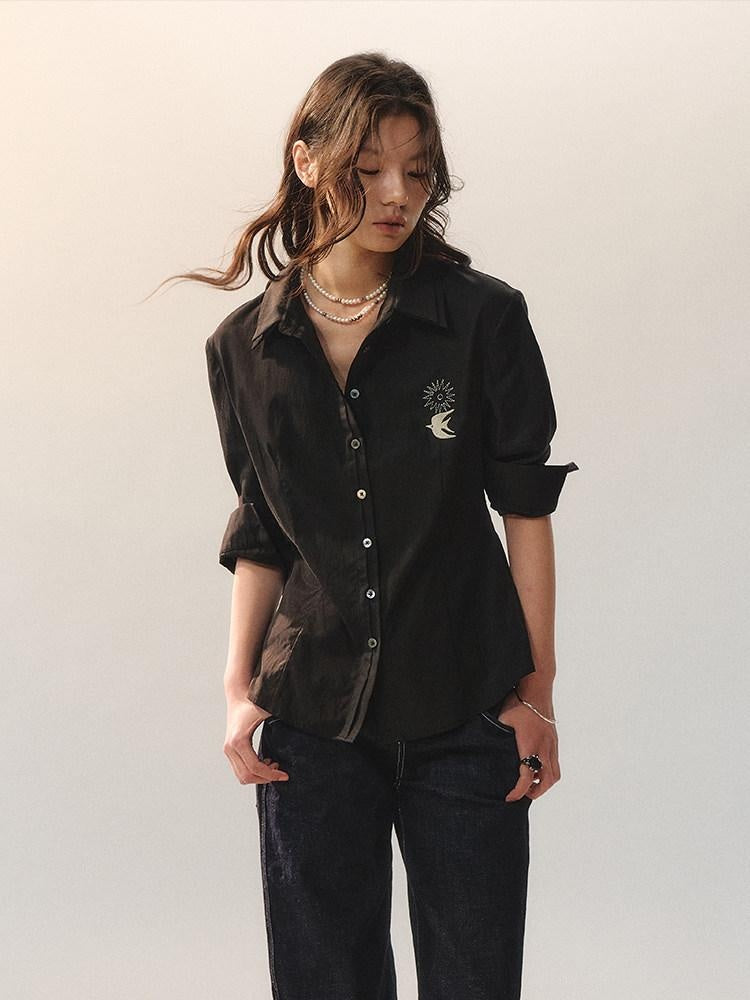 AnnoMundi Embroidered Lyocell Lace Slim Fit Double Collar Long Sleeve Women Black Blouses