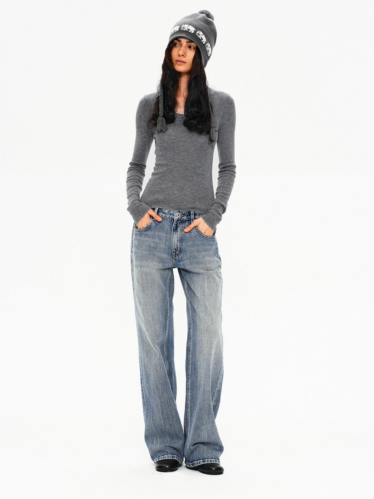 Northbutsouth Four Color U Neck Slim Fit Lightweight Long Sleeve Women&