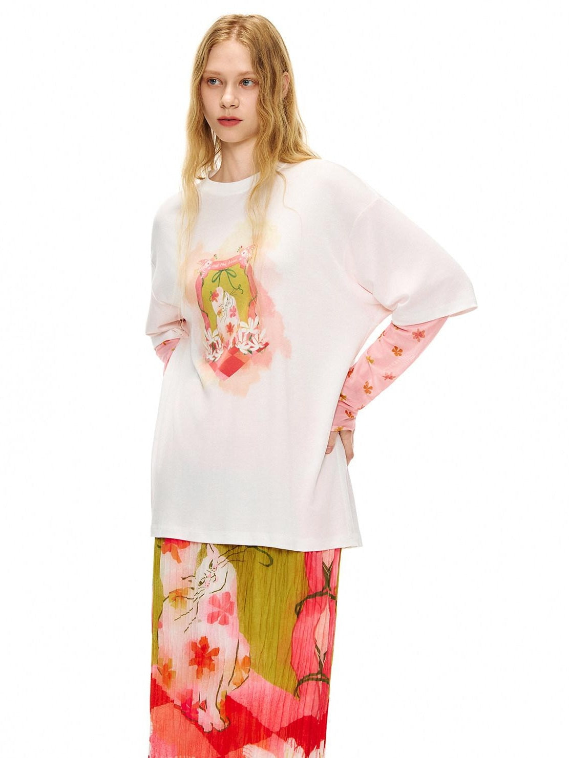 OuttheBlue Cat Garden Print Casual Loose Drop Shoulder Round Neck Long Sleeve T-Shirts