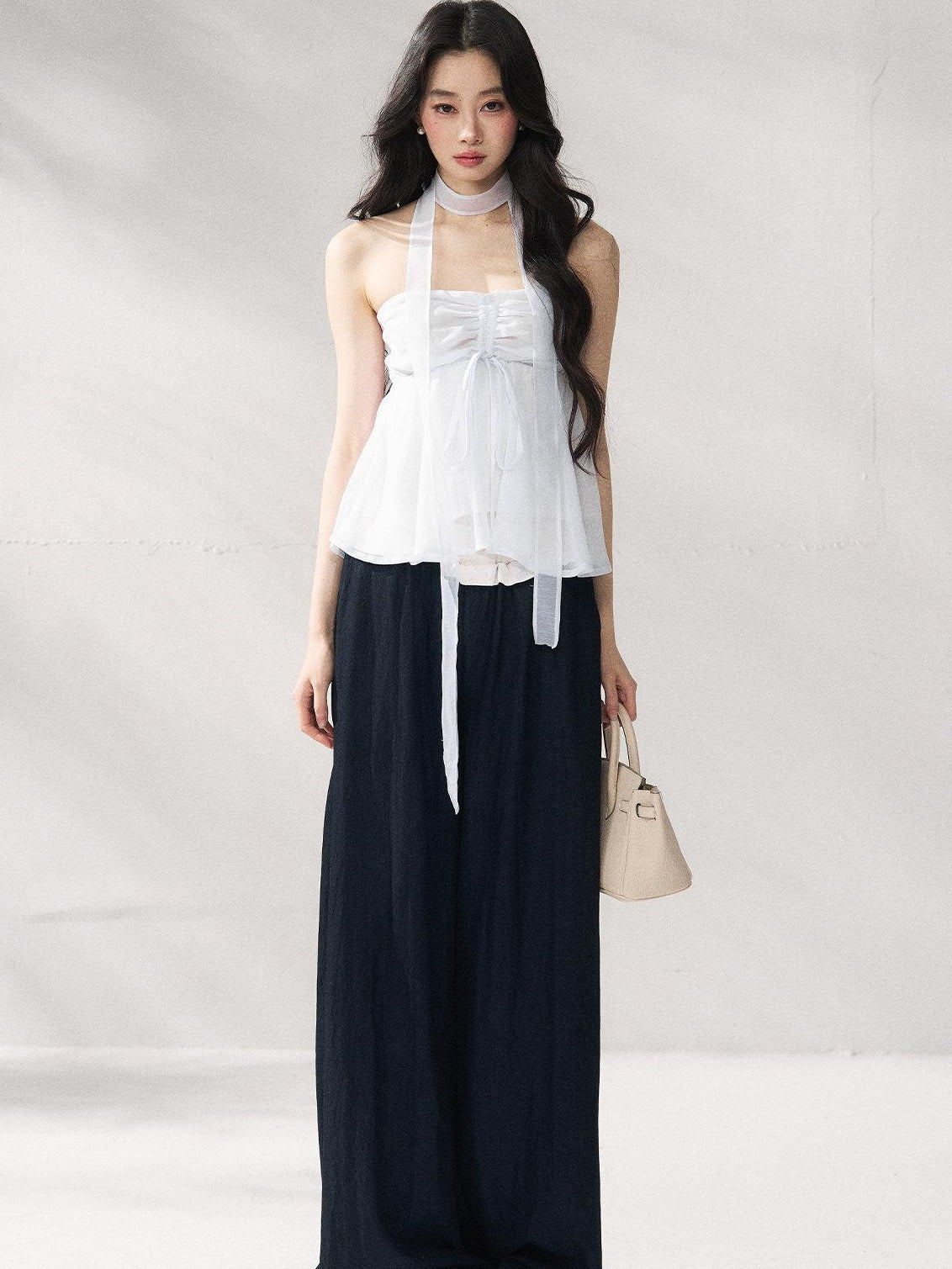 7Shiftin Nylon Cotton Blend Relaxed Natural Waist Women Solid Navy Wide Leg Pants