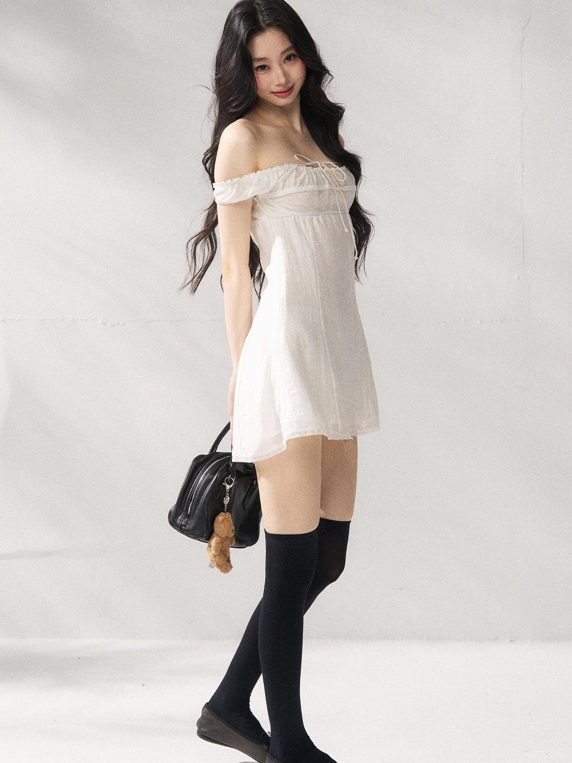 7Shiftin Cinched Tie Waist Minimalist Sleeveless A Line Women White Mini Dresses