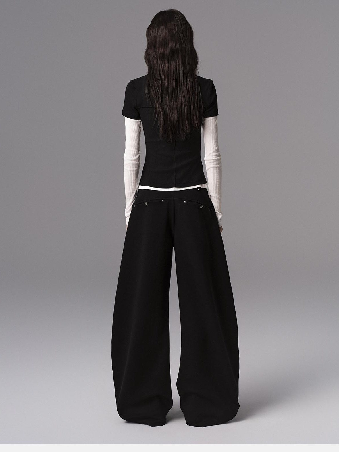 Low pixel Low Waist Dark Minimal Curved Button Fly Black Women Rayon Wide Leg Pants