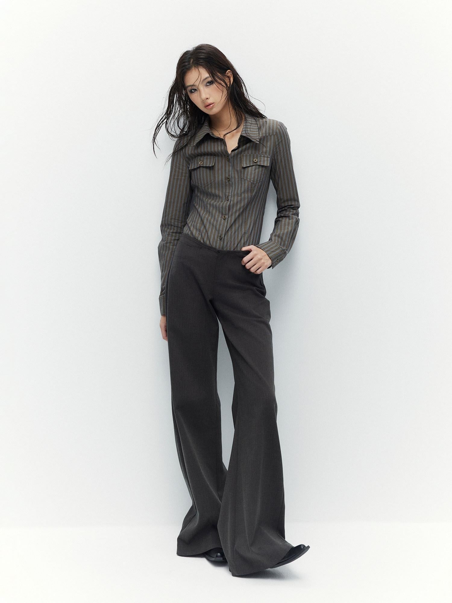 Low pixel Breathable Cotton Vintage Fitted Striped Button Long Sleeve Women Shirts