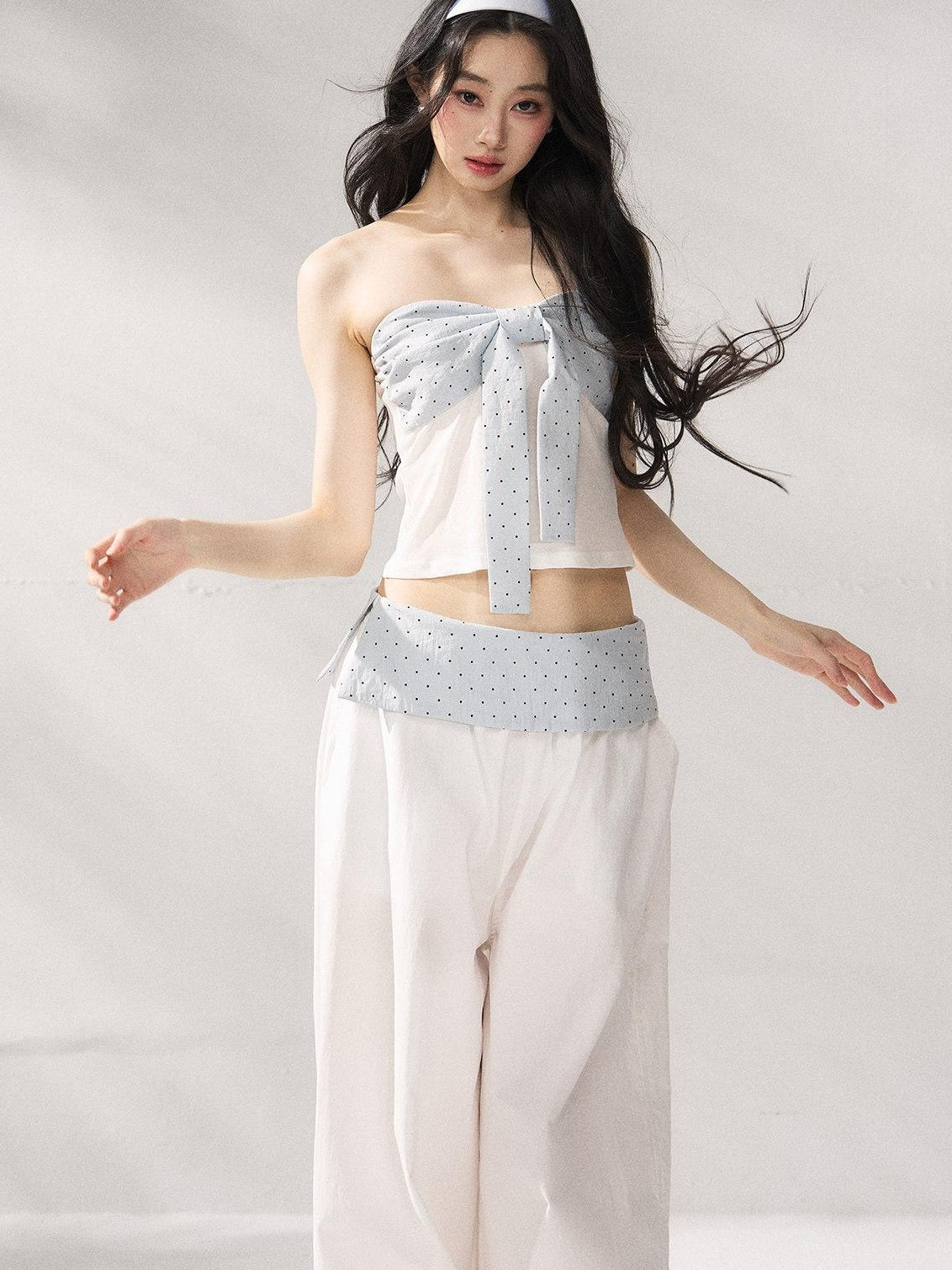 7Shiftin Polka Dot Bow Cropped Three Piece High Waist Sleeveless Women Top & Pants Sets