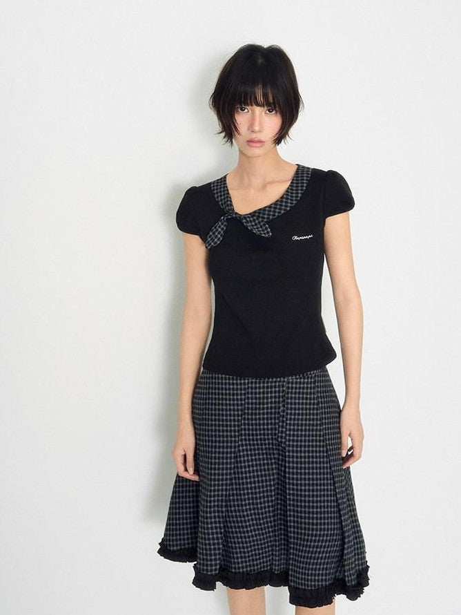 NAPSNAPS Plaid Ruffle Splice Vintage Women&