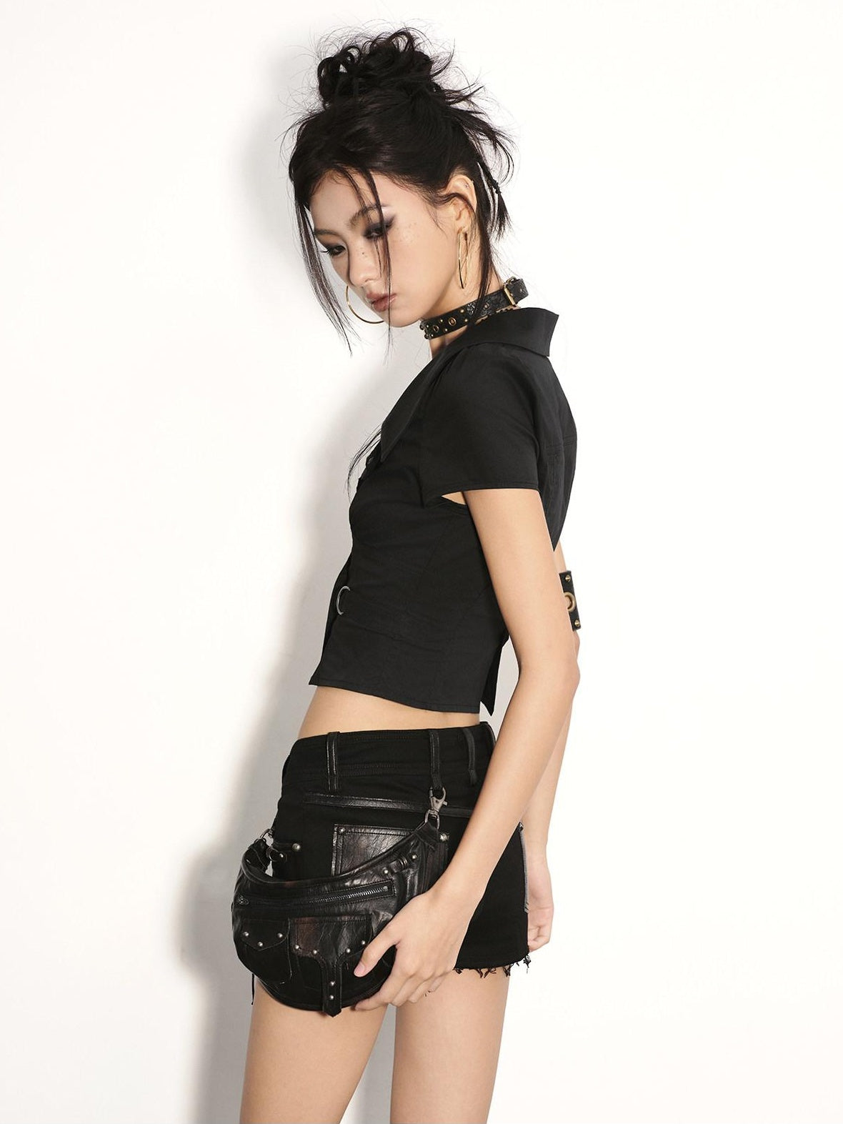 Low pixel Stretch Cotton Gothic Panel Slim Mid Low Rise Drawstring Black Women Mini Shorts