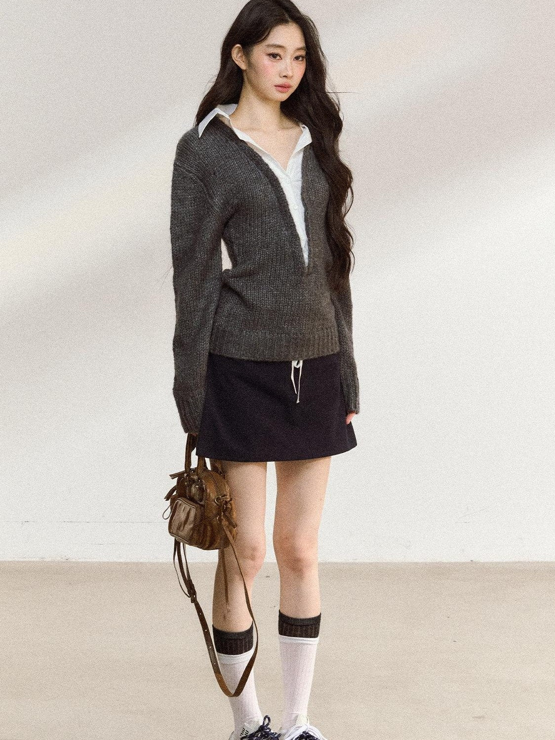7Shiftin Cozy Acrylic Wool Blend Mock Layered American Pullover Women Deep Gray Sweaters