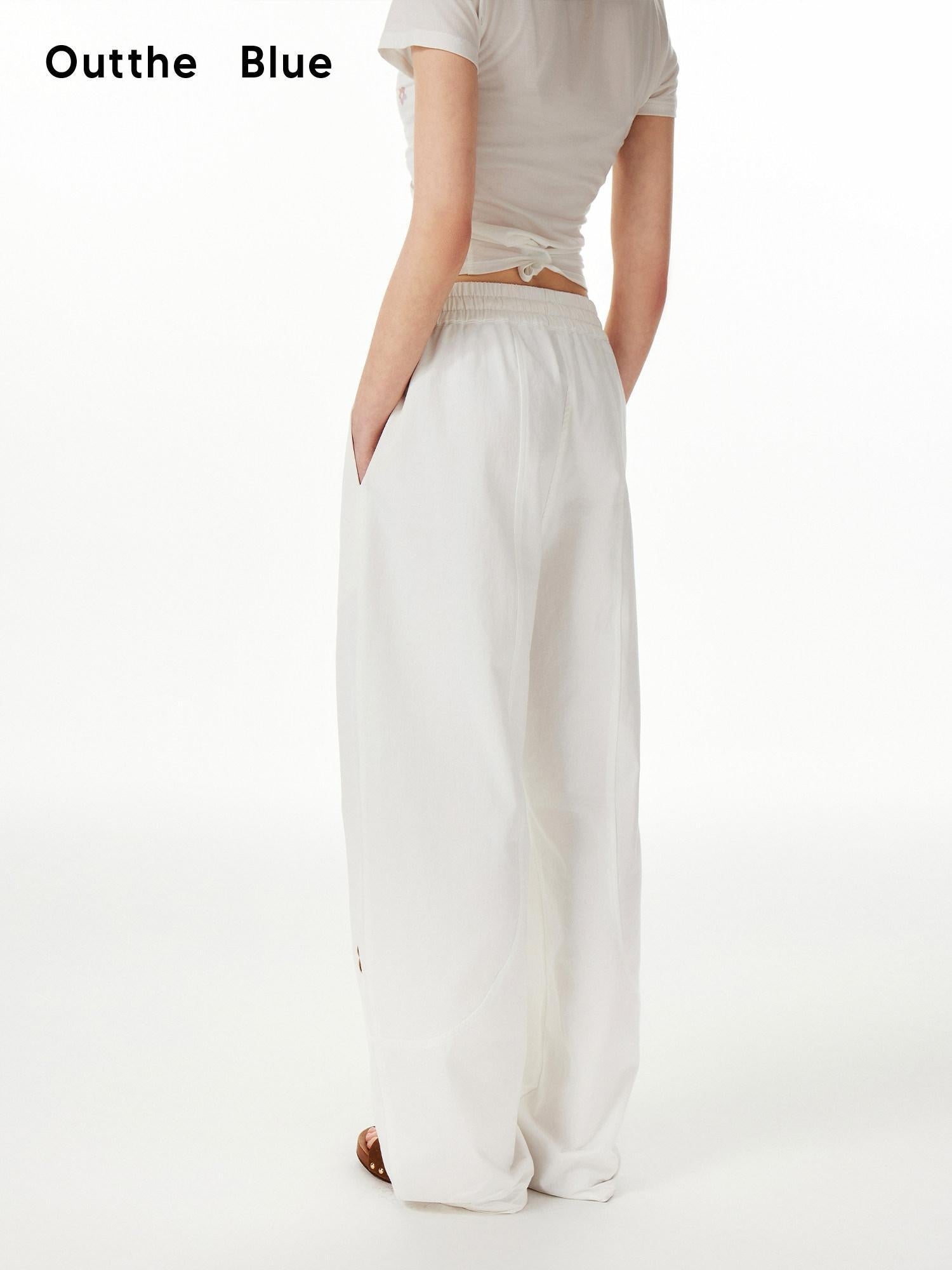 OuttheBlue Cotton Drawstring Pockets Natural Waist Workwear Long White Wide Leg Pants