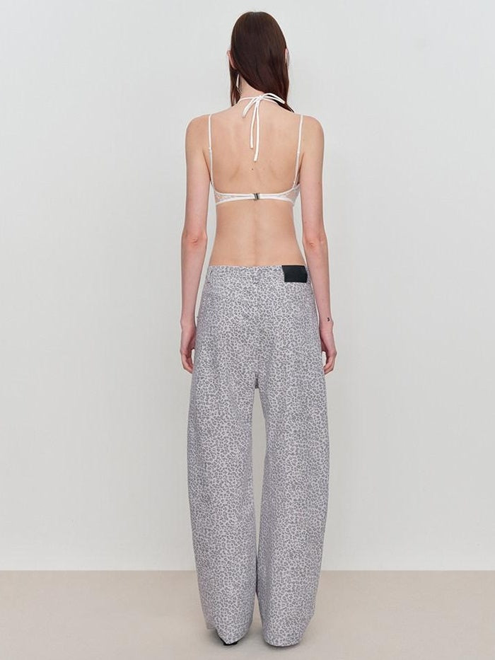 RUN TO THE FUTURE Leopard Print Asymmetric Zip Low Waist Blade Cut Women Wide-Leg Pants