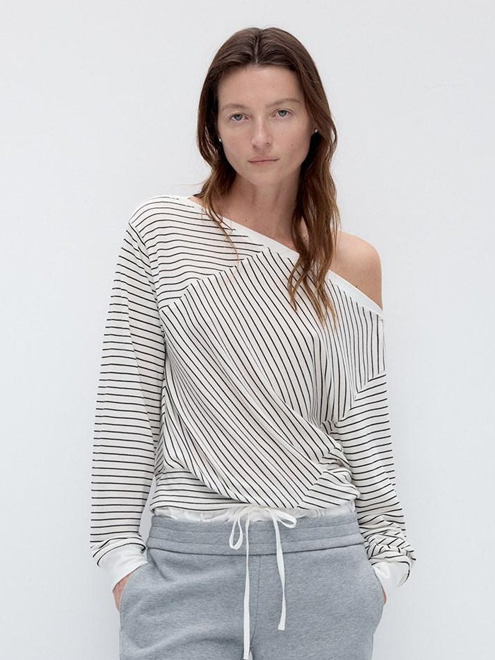 RUN TO THE FUTURE Lyocell Wool Blend Loose Fit Slanted Neck Striped Long Sleeve T-Shirts