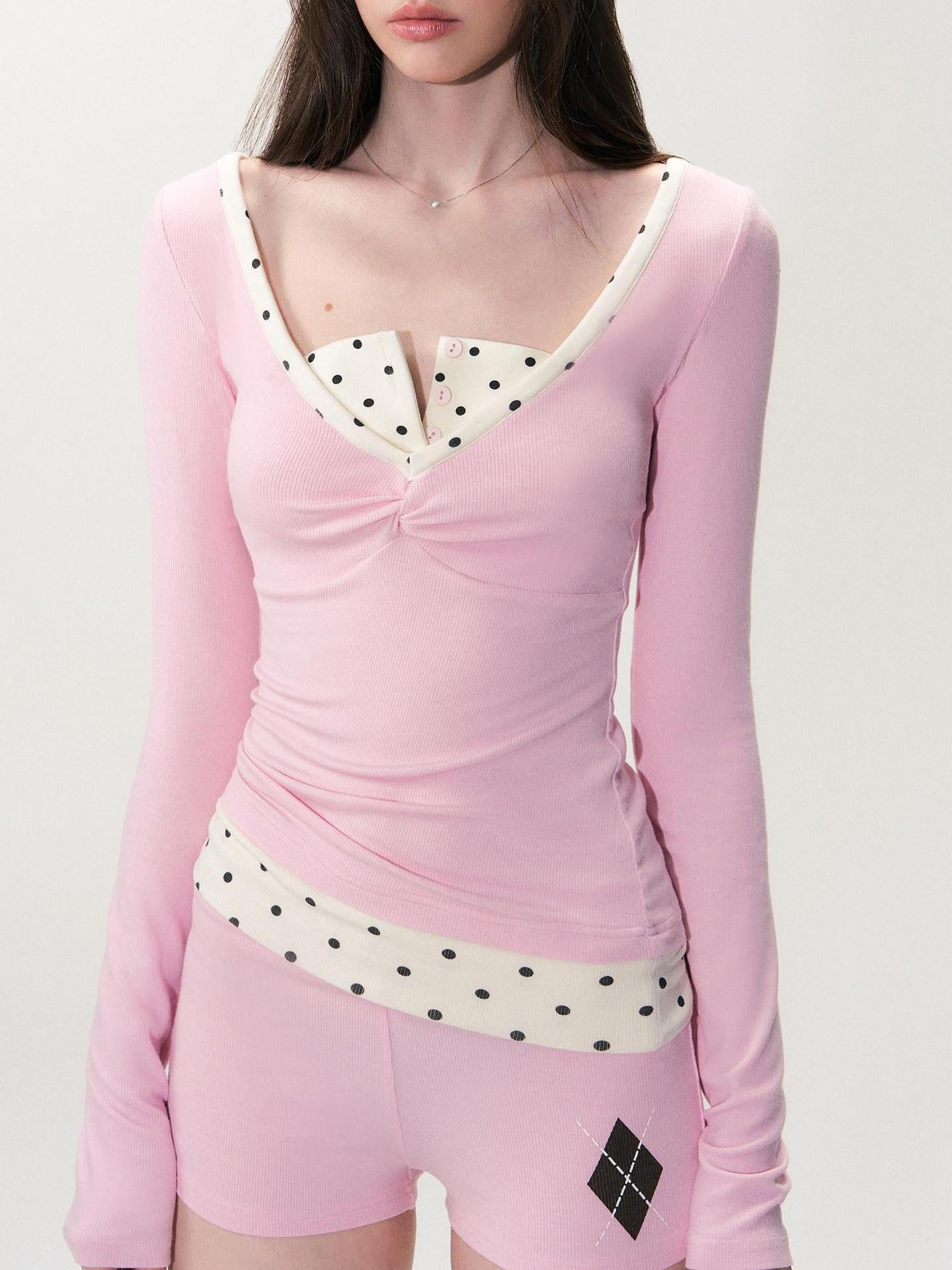The NeverMore Soft Modal Polka Dot Slim Fit Drop Shoulder Sassy Women Long Sleeve T-Shirts