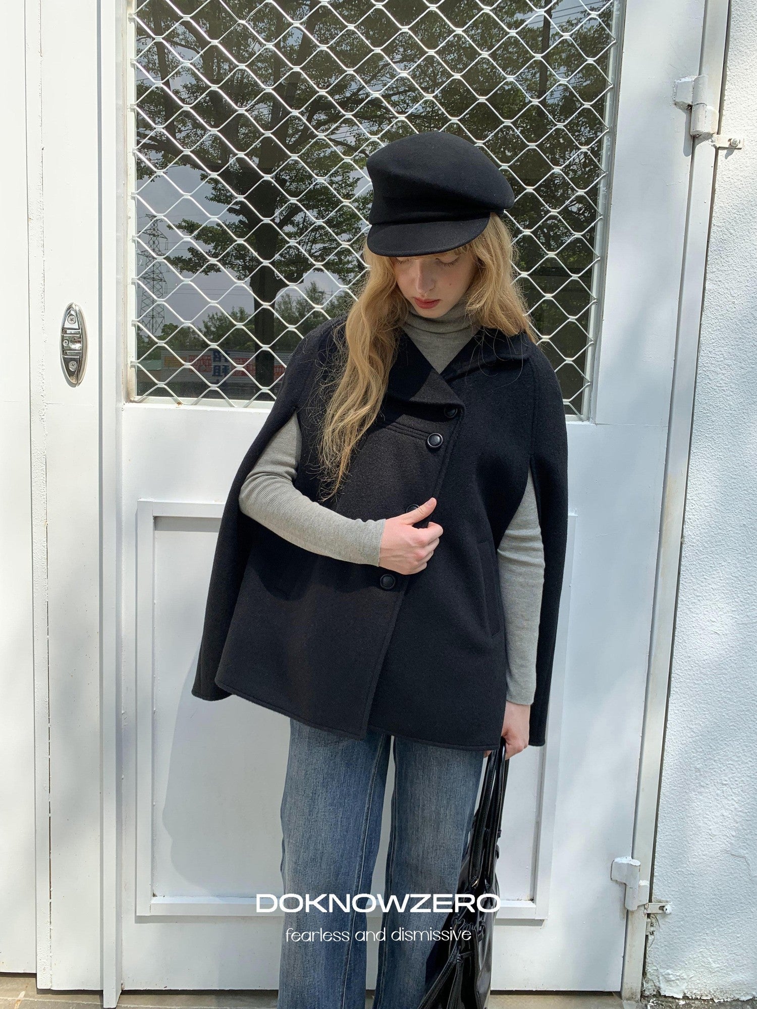 DKZ OFFICIAL Black Bud Collar Cape Double Breasted Women&