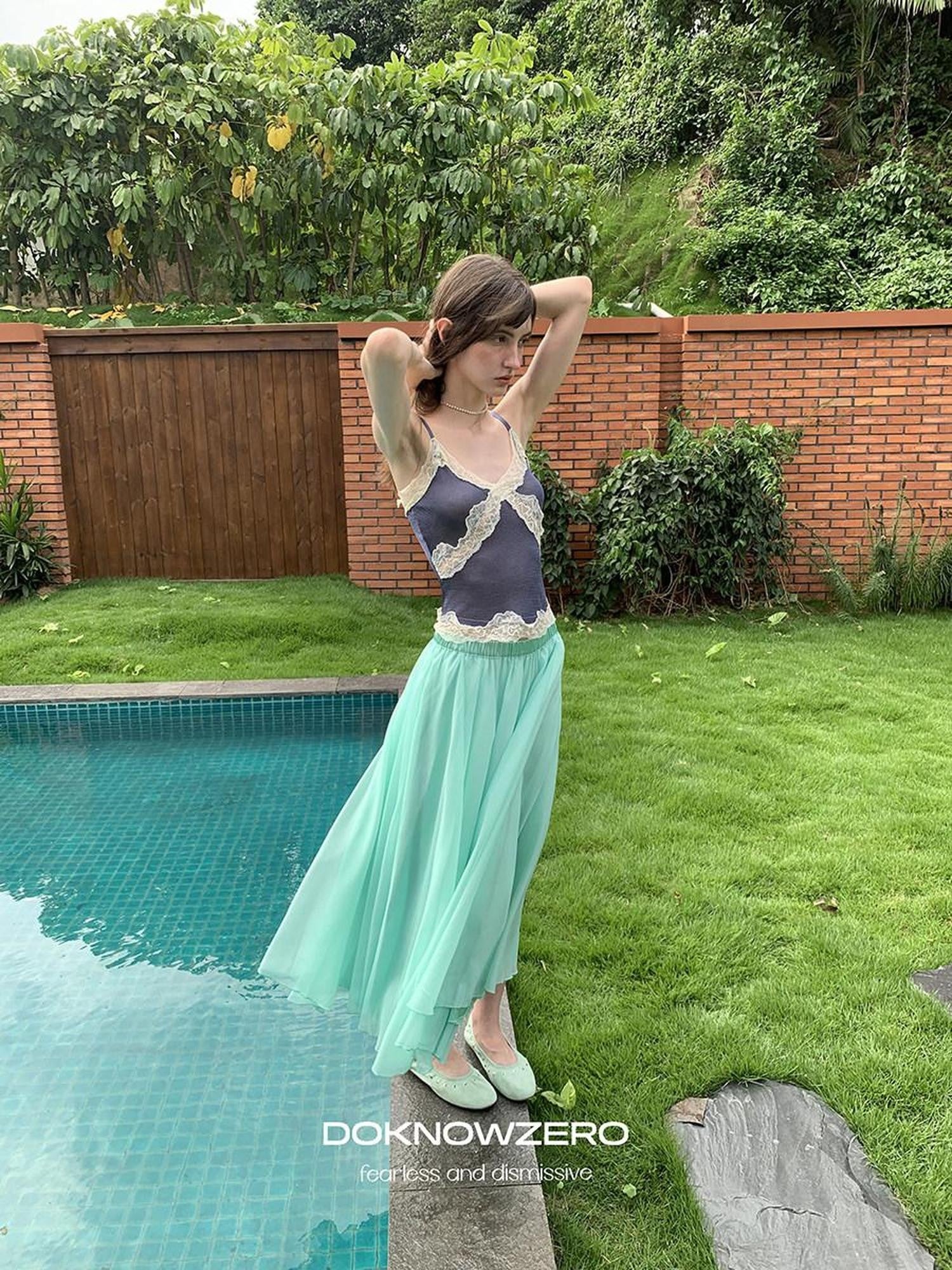 DKZ OFFICIAL Mint Green Tulle A Line Drapey Elastic Waist Women&