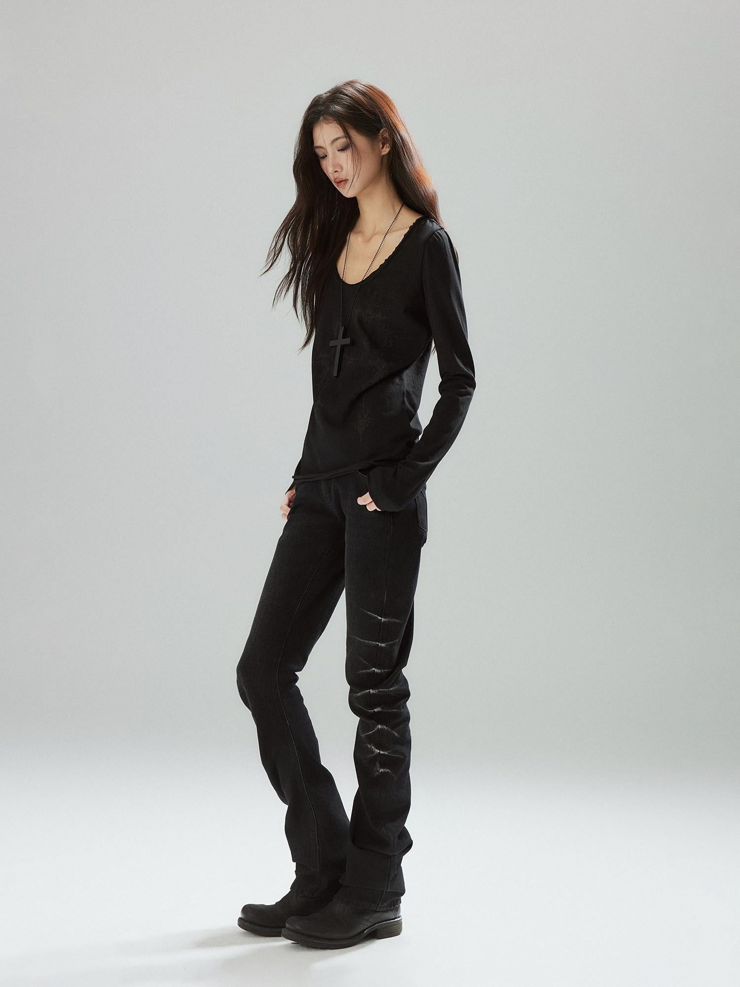 Low pixel Pleated Low Rise Black Micro Stretch Street Slim Everyday Straight Leg Jeans