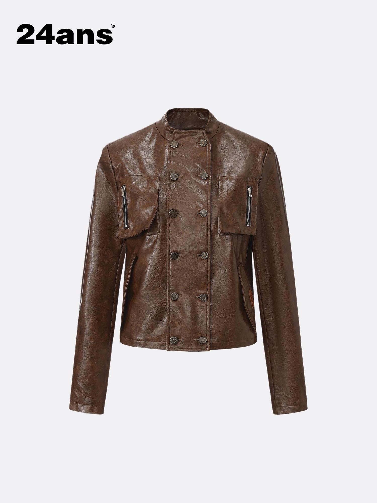 24ans Pu Leather Loose Fit Chinese Stand Collar Short Green Brown Leather Jackets