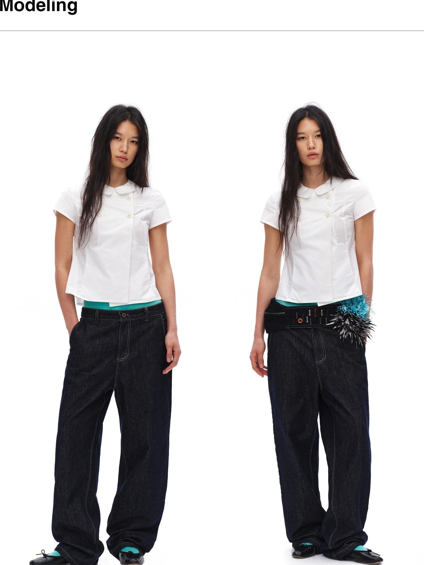 oinimi White Double Button Peter Pan Collar Slim Fit Short Sleeve Women&