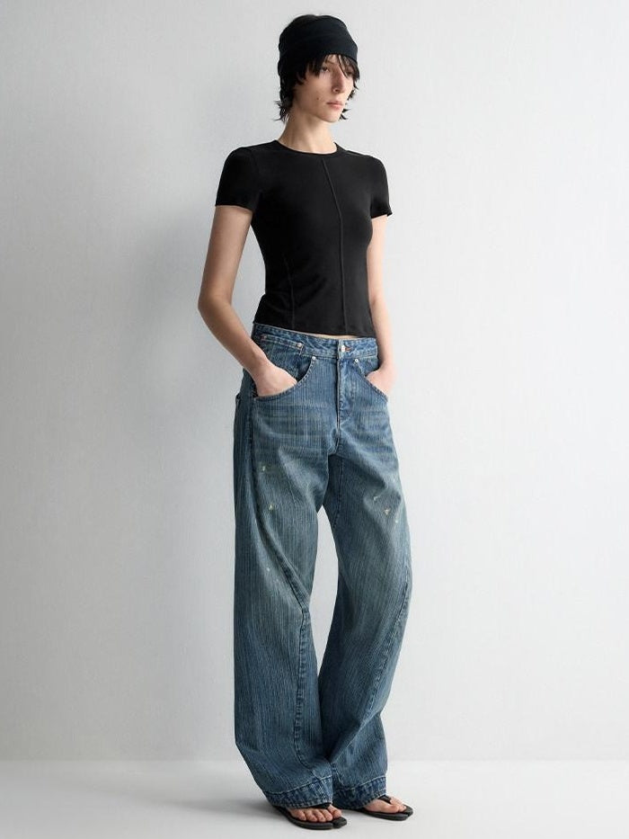 RUN TO THE FUTURE Ripped Washed Durable Low Rise Relaxed Fit Vintage Blue Wide-Leg Jeans