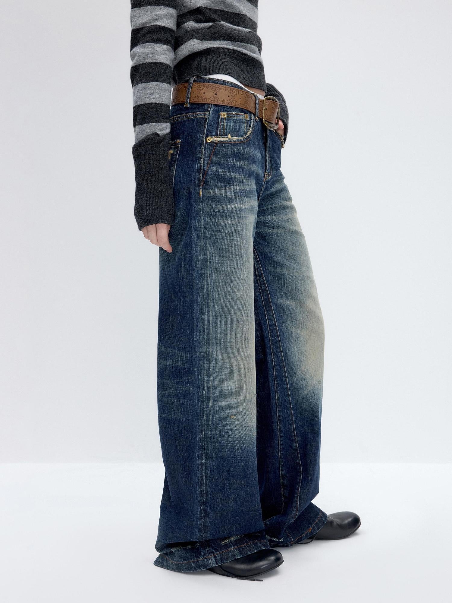RUN TO THE FUTURE Washed Deep Navy Low Rise Loose Fit Casual Denim Wide Leg Straight Jeans