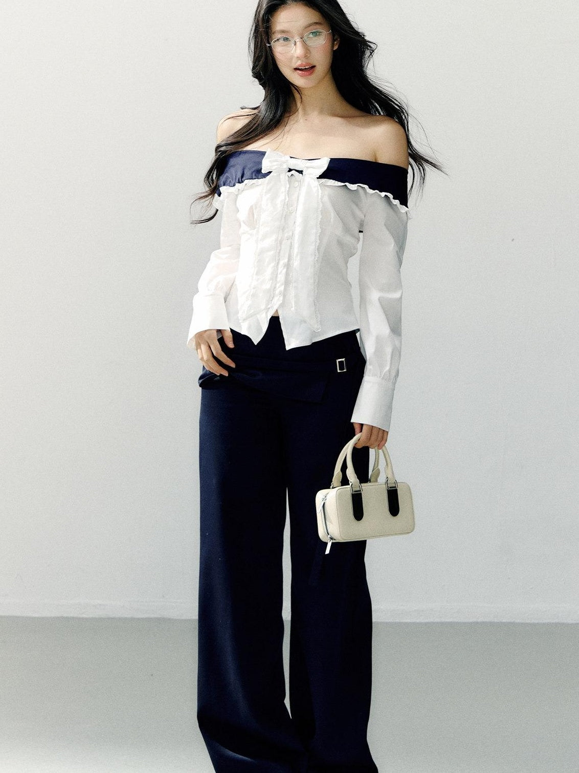 7Shiftin Slimming Off Shoulder Slim Fit Long Sleeve Cotton Bow White Blouses
