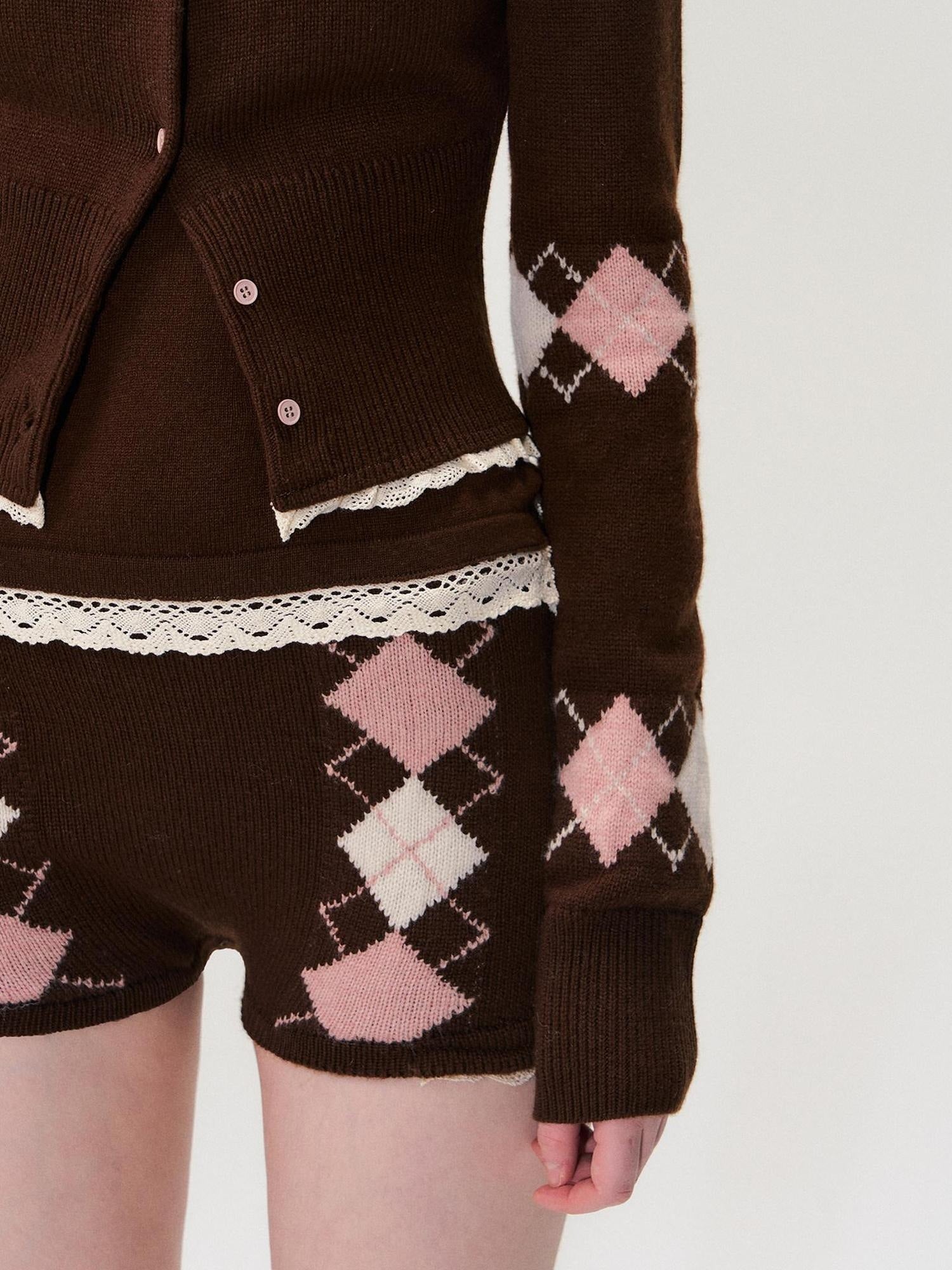 The NeverMore Cashmere Blend Sexy Argyle Button Cardigan Shorts Women Top & Shorts Sets