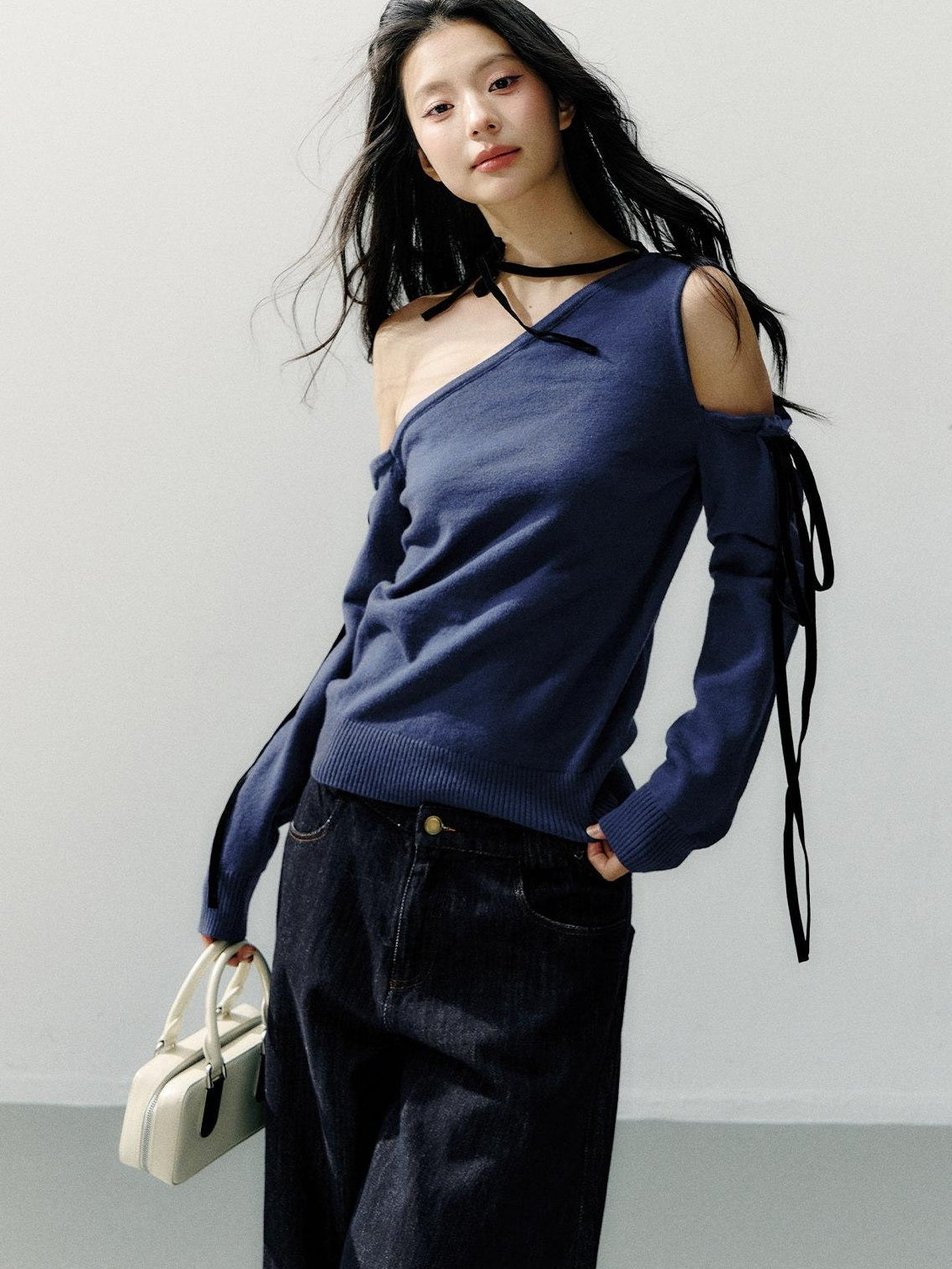 7Shiftin Cozy Casual Loose Backless Women Knit Pullover Blue Long Sleeve Sweaters