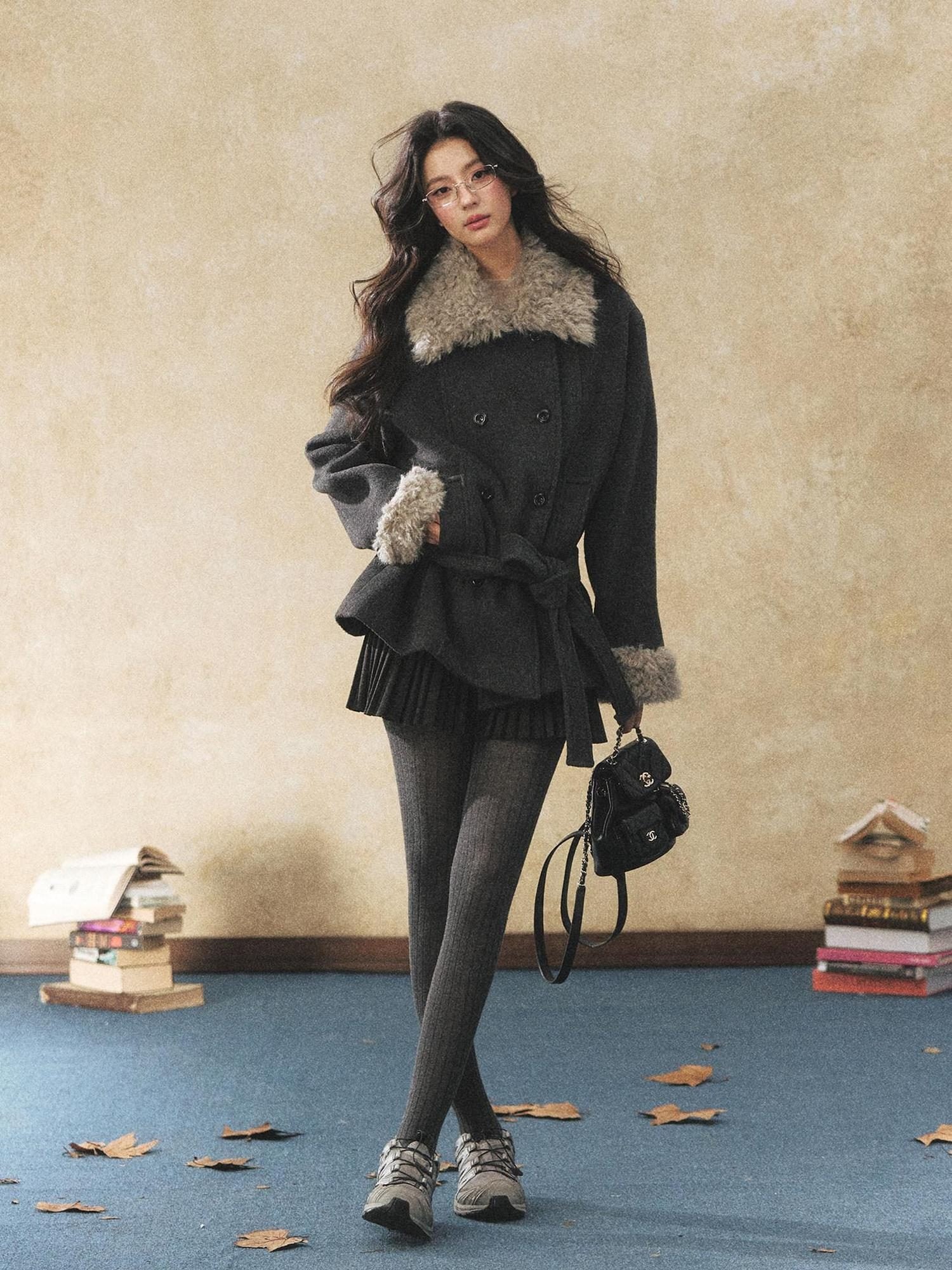 7Shiftin Warm Faux Fur Trim Casual Waist Double Breasted Women Deep Gray Short Coat