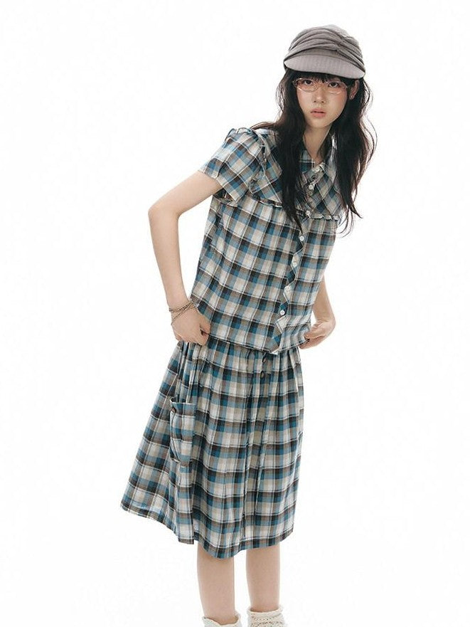 NAPSNAPS Blue Plaid Ruffle Puff Sleeve Button Tie Women&