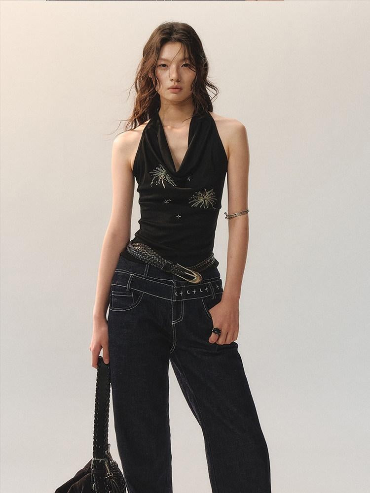 AnnoMundi Airy Lyocell Embroidered Halter Polo Collar Midi Women Black Tank Tops