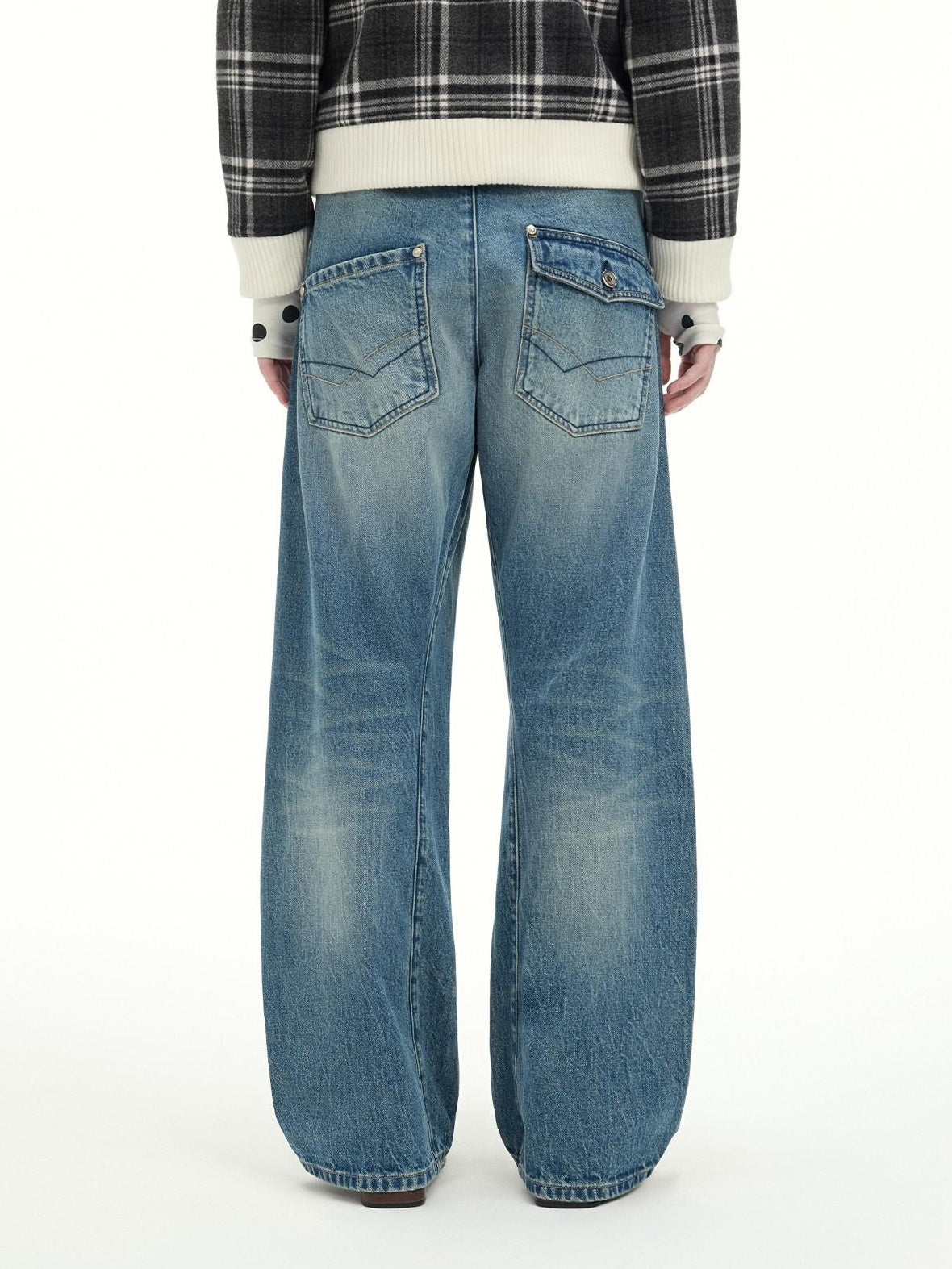 RUN TO THE FUTURE Washed Cotton Casual Natural Waist Topstitch Women Denim Blue Wide-Leg Jeans