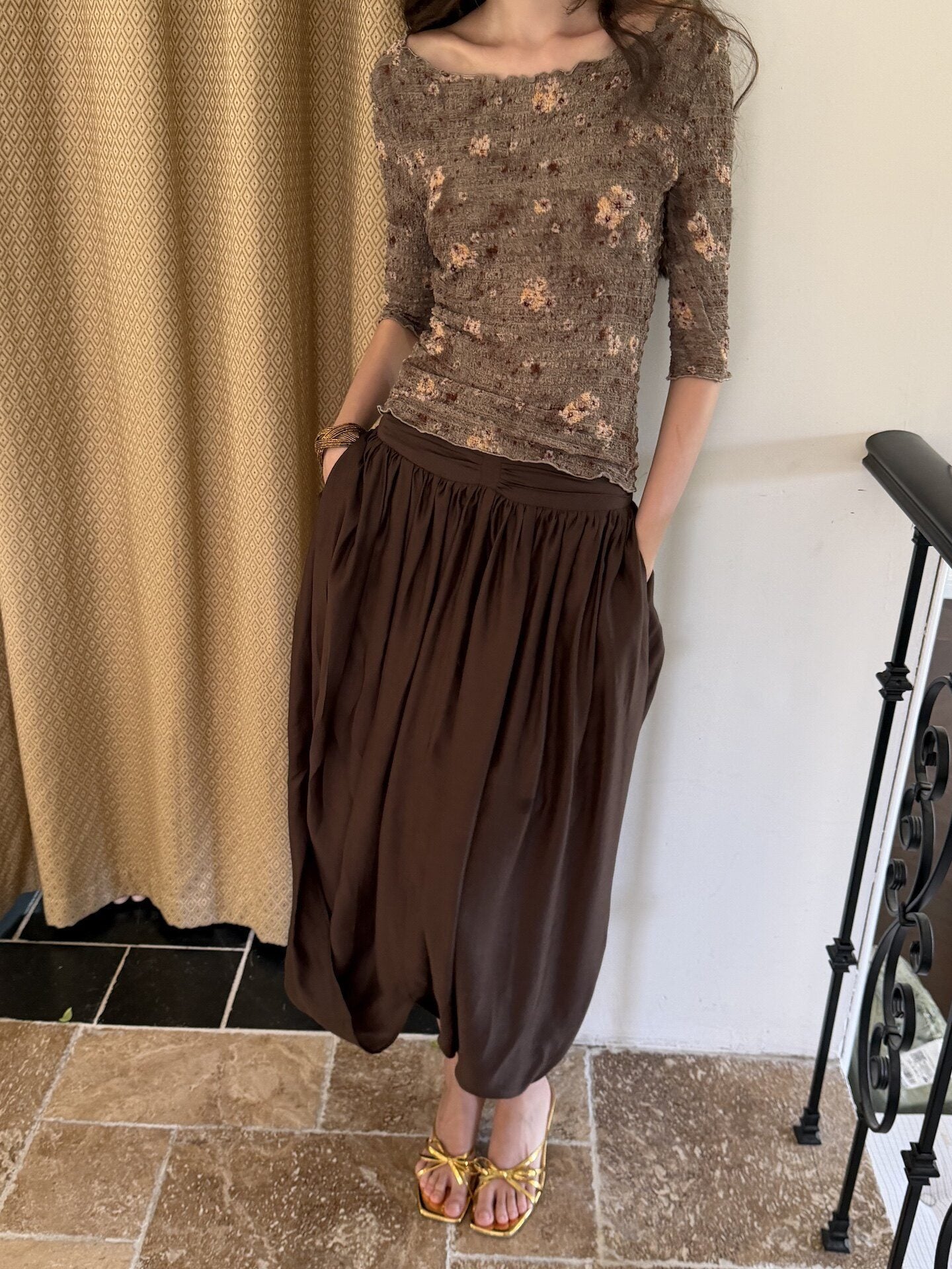 9rotic_Coffee_Brown_Pleated_Ruched_Bubble_Hem_Women&