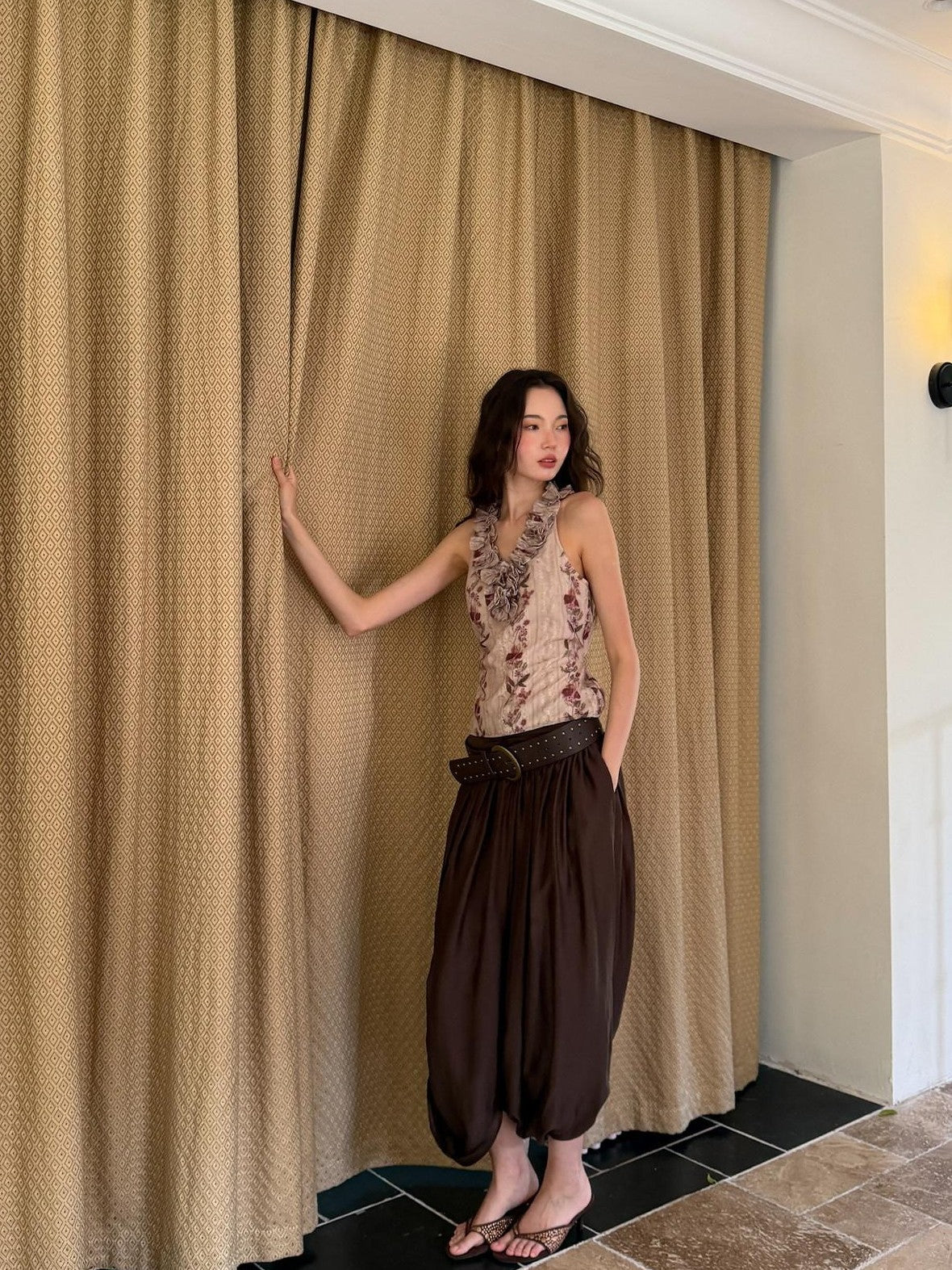9rotic Coffee Brown Pleated Ruched Bubble Hem Women&