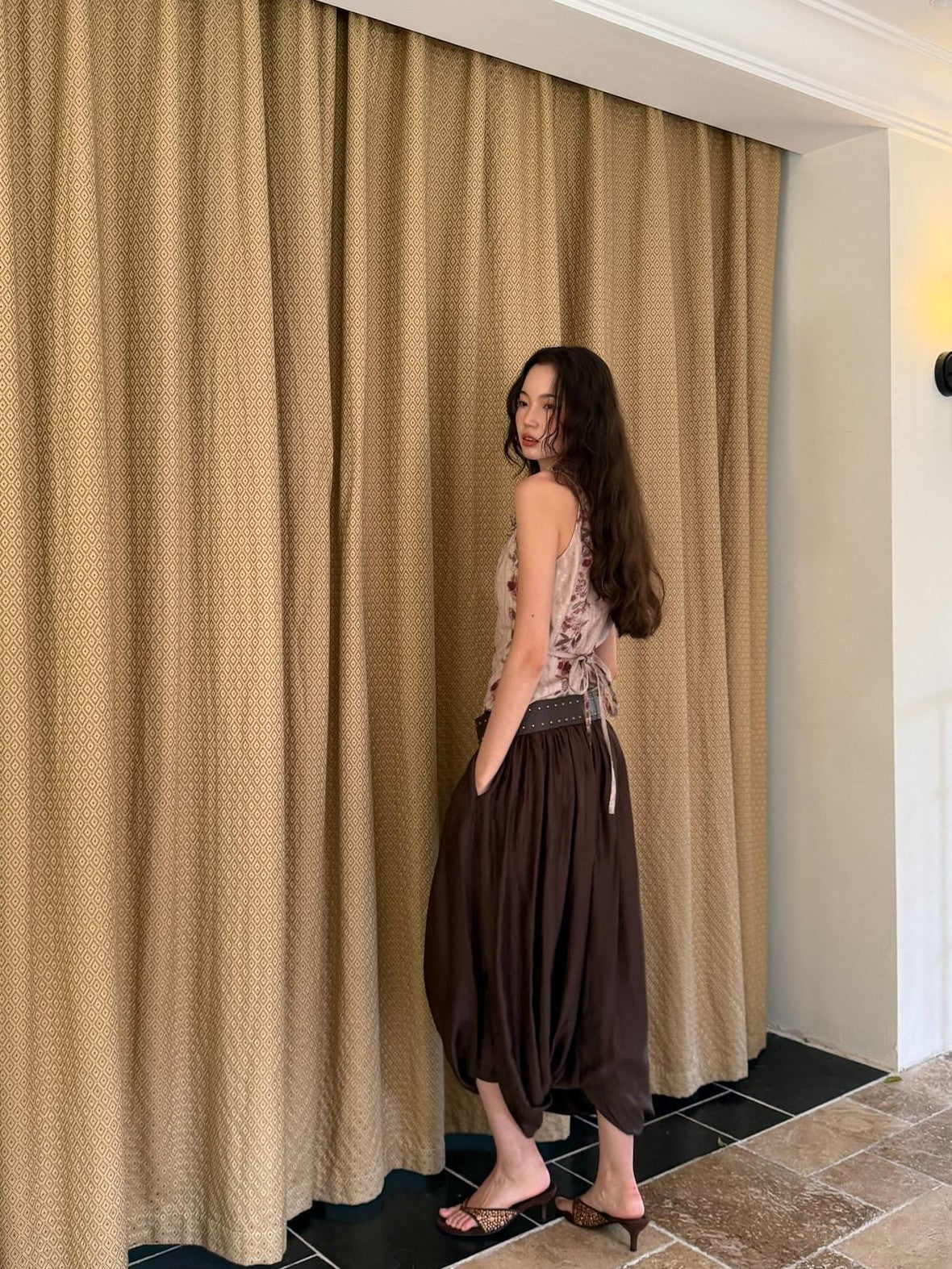 9rotic Coffee Brown Pleated Ruched Bubble Hem Women&