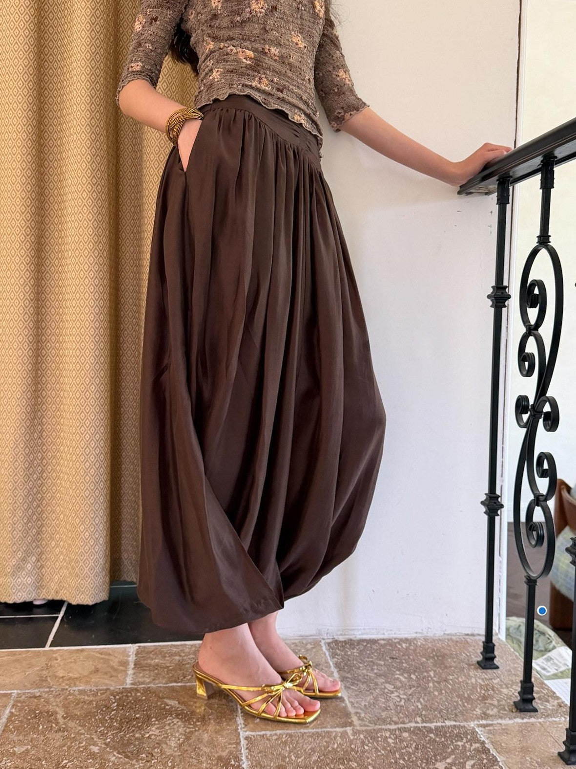 9rotic Coffee Brown Pleated Ruched Bubble Hem Women&